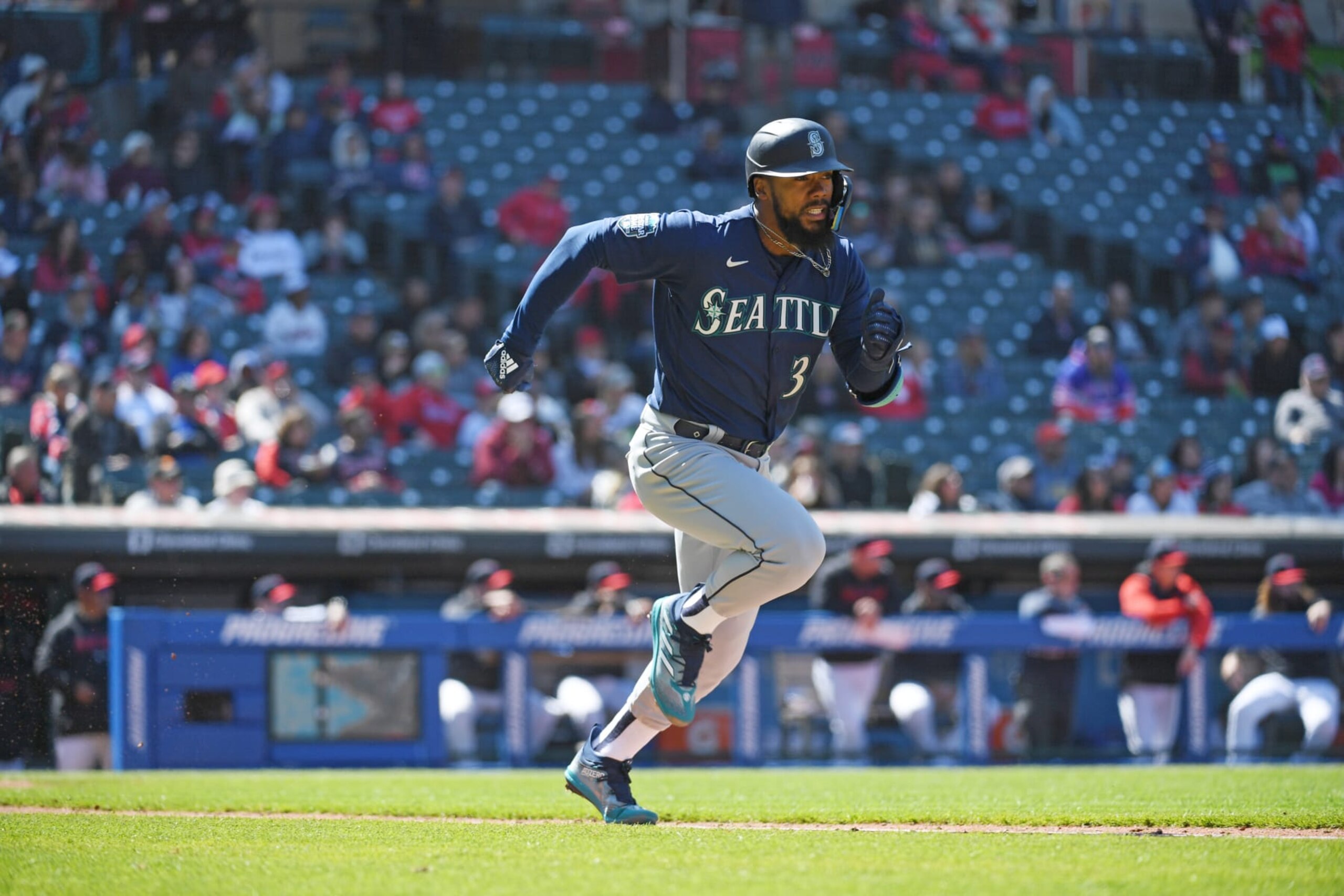 CLEVELAND, OHIO - APRIL 09, 2023: Teoscar Hernández #35 of the Seattle Mariners runs out a fielder's choice during the sixth inning against the Cleveland Guardians at Progressive Field on April 9, 2023 in Cleveland, Ohio. (Photo by George Kubas/Diamond Images via Getty Images)