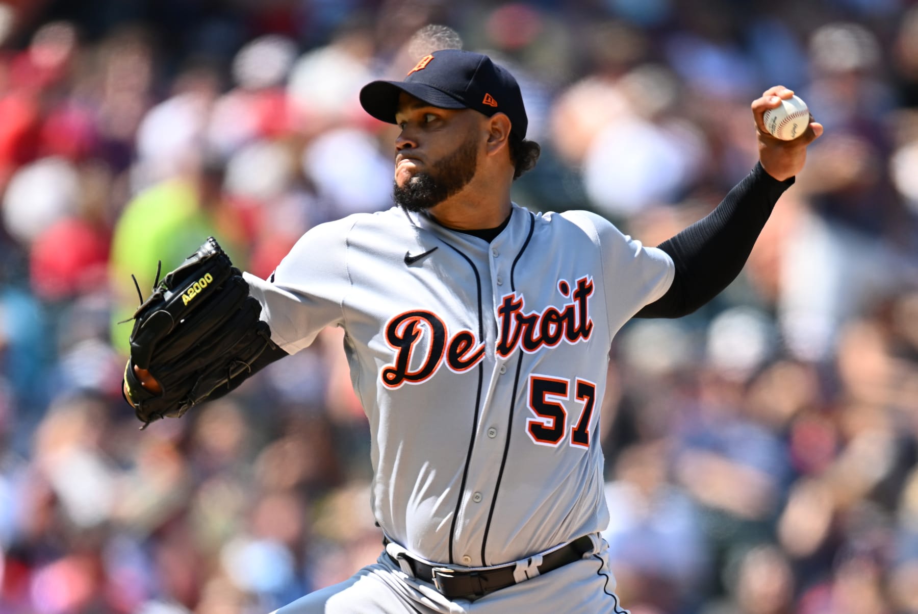 CLEVELAND, OH - AUGUST 20: Eduardo Rodriguez #57 of the Detroit Tigers pitches during the game between the Detroit Tigers and the Cleveland Guardians at Progressive Field on Sunday, August 20, 2023 in Cleveland, Ohio. (Photo by Joe Sargent/MLB Photos via Getty Images)