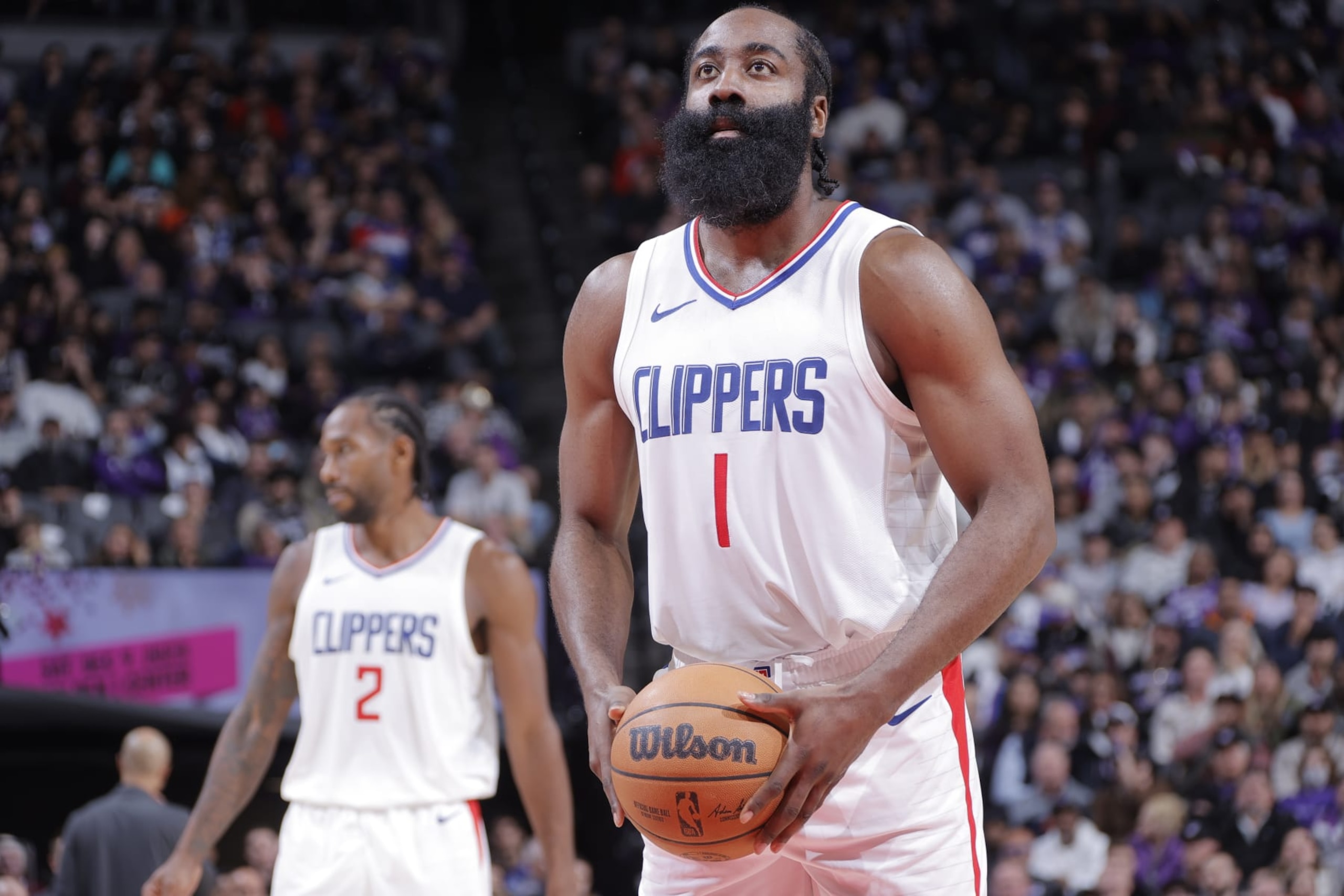 SACRAMENTO, CA - NOVEMBER 29: James Harden #1 of the LA Clippers shoots a free throw during the game against the Sacramento Kings on November 29, 2023 at Golden 1 Center in Sacramento, California. NOTE TO USER: User expressly acknowledges and agrees that, by downloading and or using this Photograph, user is consenting to the terms and conditions of the Getty Images License Agreement. Mandatory Copyright Notice: Copyright 2023 NBAE (Photo by Rocky Widner/NBAE via Getty Images)