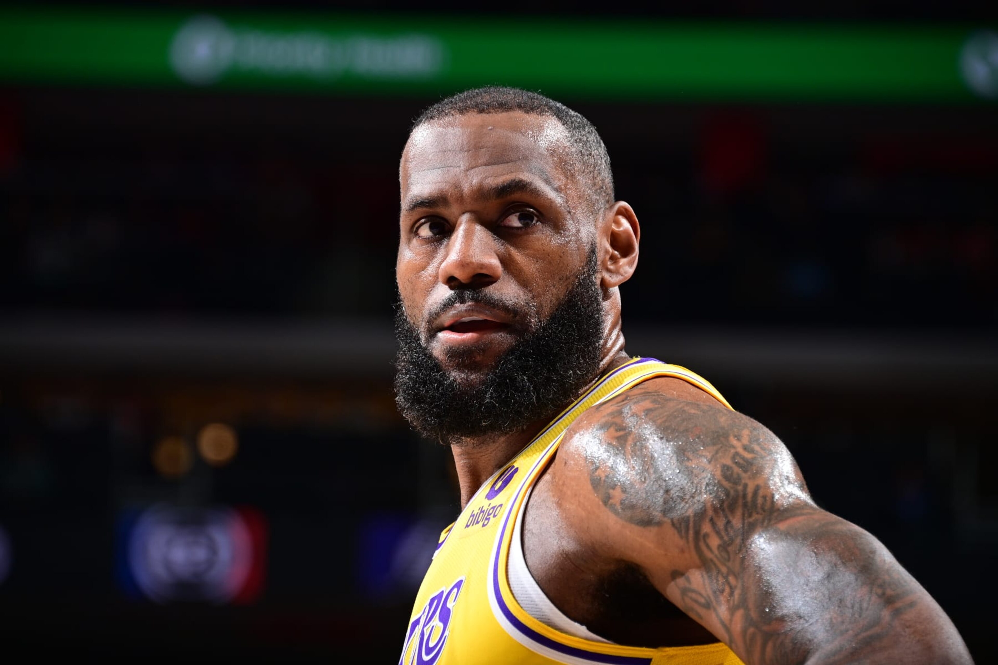 DETROIT, MI - NOVEMBER 29: LeBron James #23 of the Los Angeles Lakers looks on during the game against the Detroit Pistons on November 29, 2023 at Little Caesars Arena in Detroit, Michigan. NOTE TO USER: User expressly acknowledges and agrees that, by downloading and/or using this photograph, User is consenting to the terms and conditions of the Getty Images License Agreement. Mandatory Copyright Notice: Copyright 2023 NBAE (Photo by Chris Schwegler/NBAE via Getty Images)