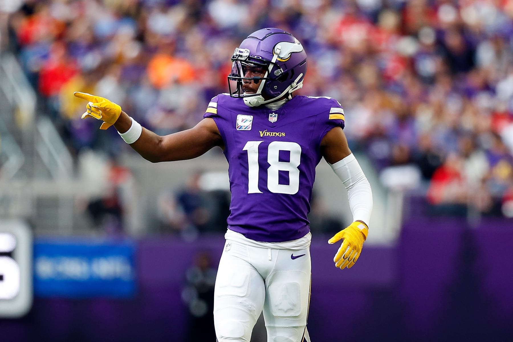 MINNEAPOLIS, MINNESOTA - OCTOBER 08: Justin Jefferson #18 of the Minnesota Vikings looks on against the Kansas City Chiefs in the first half at U.S. Bank Stadium on October 08, 2023 in Minneapolis, Minnesota. The Chiefs defeated the Vikings 27-20. (Photo by David Berding/Getty Images)