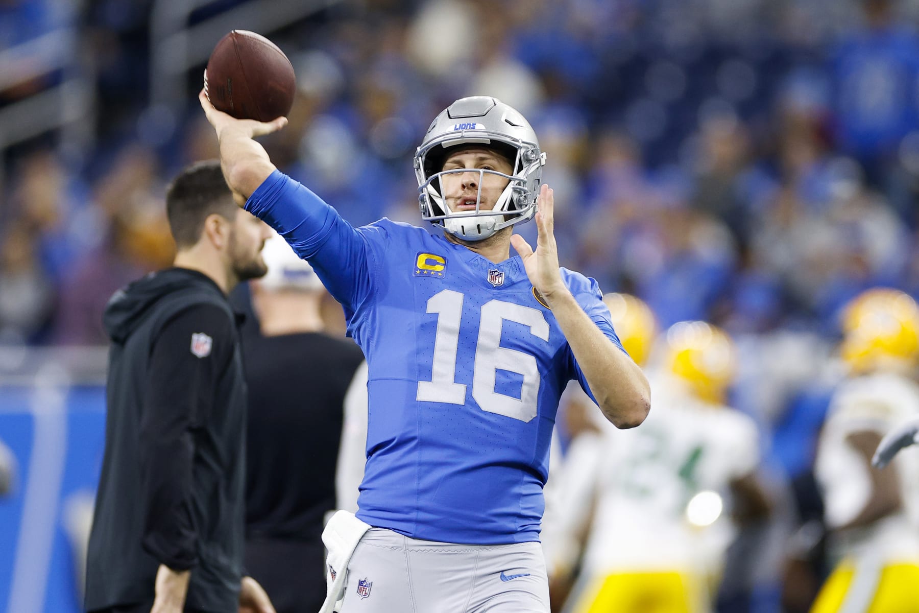 DETROIT, MICHIGAN - NOVEMBER 23: Jared Goff #16 of the Detroit Lions warms up prior to a game against the Green Bay Packers at Ford Field on November 23, 2023 in Detroit, Michigan. (Photo by Mike Mulholland/Getty Images)