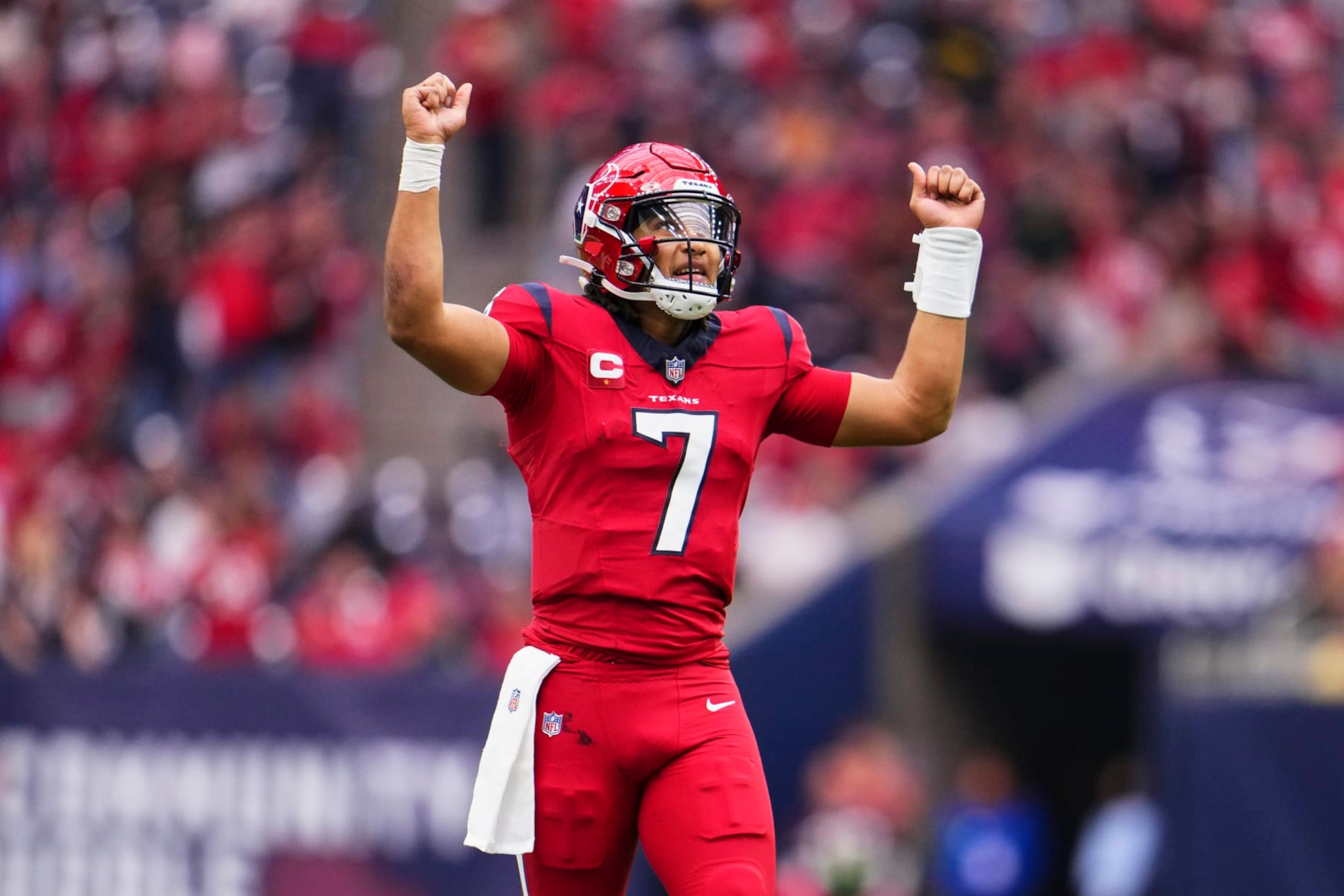 HOUSTON, TX - NOVEMBER 26: C.J. Stroud #7 of the Houston Texans reacts after a play against the Jacksonville Jaguars during the second half at NRG Stadium on November 26, 2023 in Houston, Texas. (Photo by Cooper Neill/Getty Images) HOUSTON, TX - NOVEMBER 26: C.J. Stroud #7 of the Houston Texans reacts after a play against the Jacksonville Jaguars during the second half at NRG Stadium on November 26, 2023 in Houston, Texas. (Photo by Cooper Neill/Getty Images)