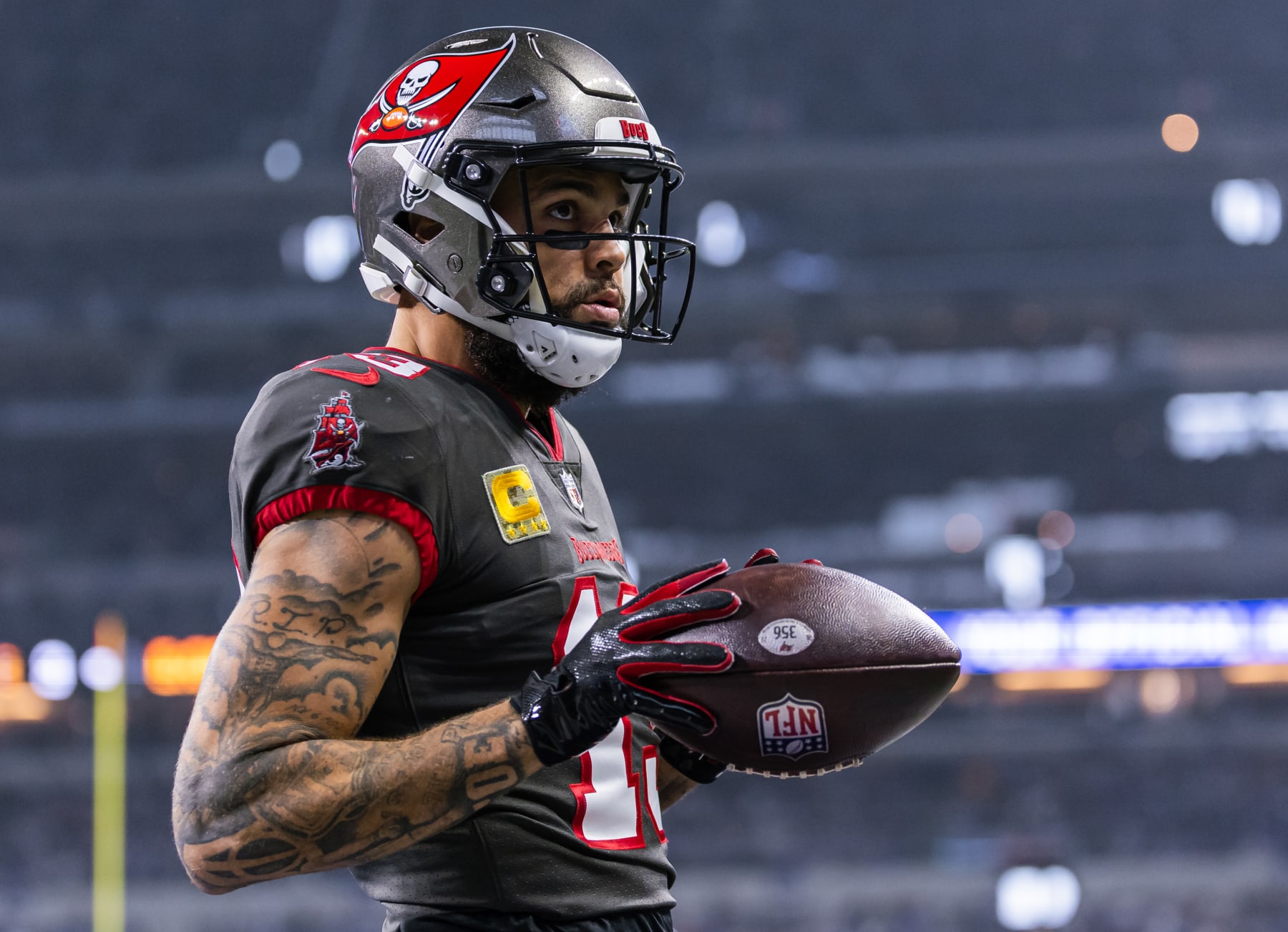 INDIANAPOLIS, INDIANA - NOVEMBER 26: Mike Evans #13 of the Tampa Bay Buccaneers is seen after a touchdown pass during the game against the Indianapolis Colts at Lucas Oil Stadium on November 26, 2023 in Indianapolis, Indiana. (Photo by Michael Hickey/Getty Images)
