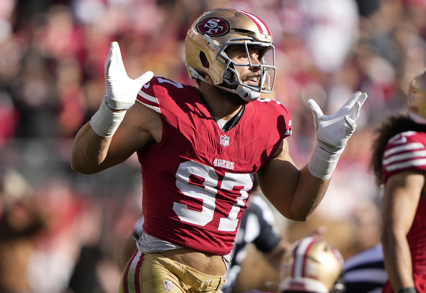 SANTA CLARA, CALIFORNIA - NOVEMBER 19: Nick Bosa #97 of the San Francisco 49ers reacts after a fumble by the Tampa Bay Buccaneers during the during the second quarter at Levi's Stadium on November 19, 2023 in Santa Clara, California. (Photo by Thearon W. Henderson/Getty Images