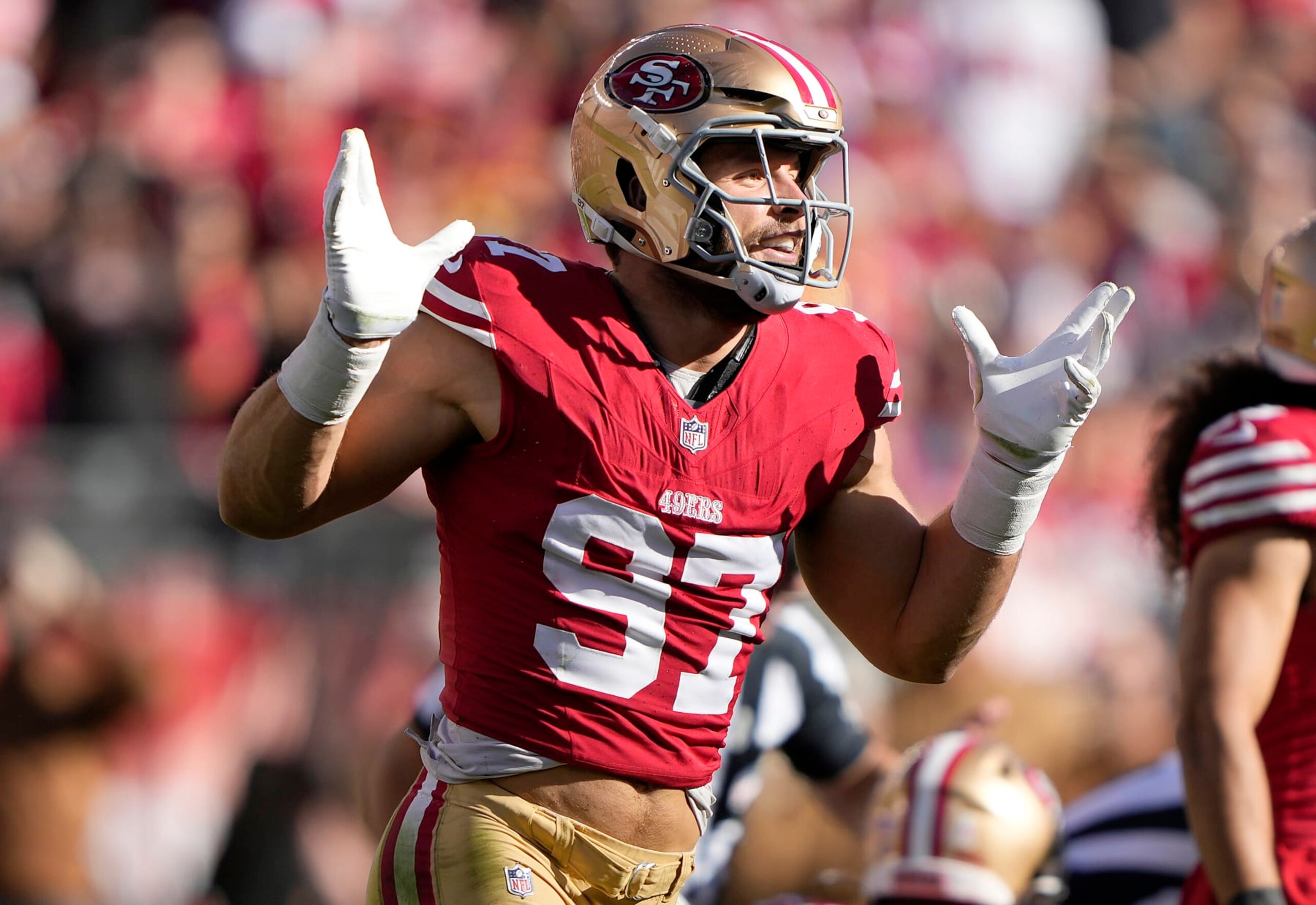 SANTA CLARA, CALIFORNIA - NOVEMBER 19: Nick Bosa #97 of the San Francisco 49ers reacts after a fumble by the Tampa Bay Buccaneers during the during the second quarter at Levi's Stadium on November 19, 2023 in Santa Clara, California. (Photo by Thearon W. Henderson/Getty Images SANTA CLARA, CALIFORNIA - NOVEMBER 19: Nick Bosa #97 of the San Francisco 49ers reacts after a fumble by the Tampa Bay Buccaneers during the during the second quarter at Levi's Stadium on November 19, 2023 in Santa Clara, California. (Photo by Thearon W. Henderson/Getty Images