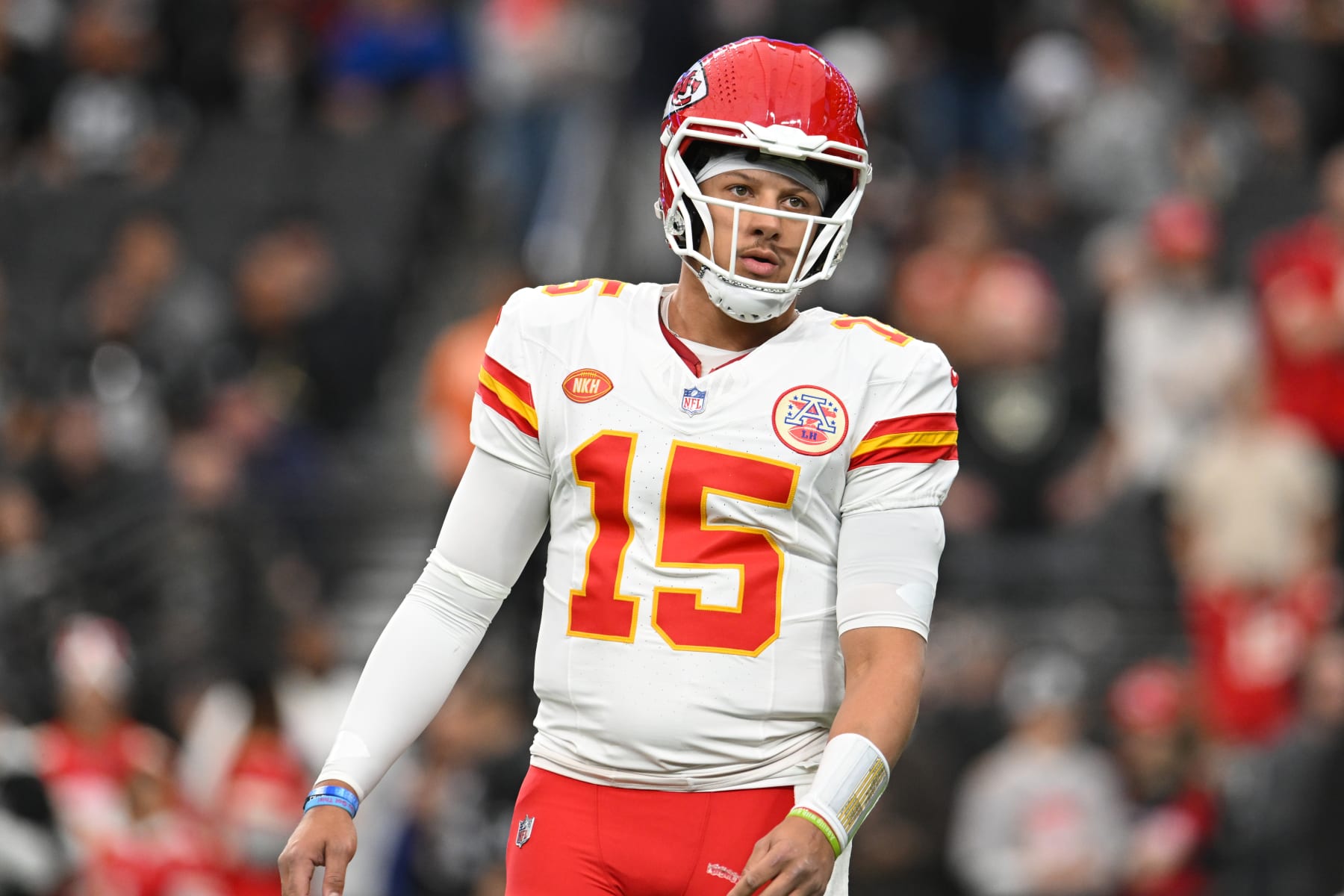 LAS VEGAS, NEVADA - NOVEMBER 26: Patrick Mahomes #15 of the Kansas City Chiefs looks on during the first half of a game against the Las Vegas Raiders at Allegiant Stadium on November 26, 2023 in Las Vegas, Nevada. (Photo by Candice Ward/Getty Images)