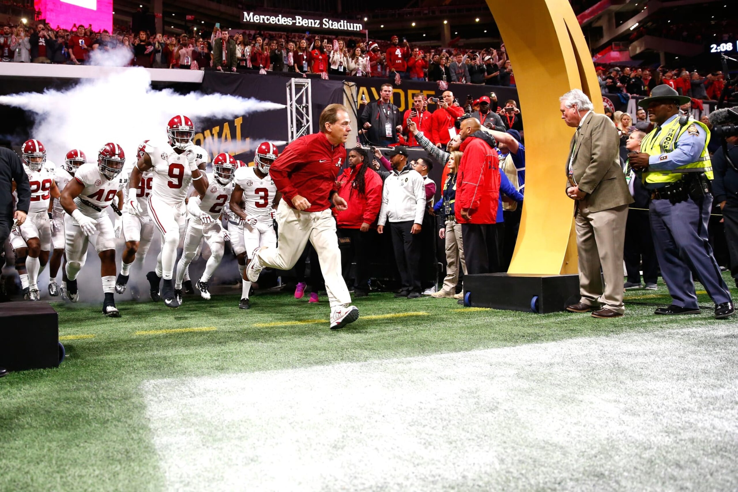 ATLANTA, GA - JANUARY 08: Head coach Nick Saban of the Alabama Crimson Tide leads his team out of the tunnel prior to the game against the Georgia Bulldogs in the CFP National Championship presented by AT&T at Mercedes-Benz Stadium on January 8, 2018 in Atlanta, Georgia. (Photo by Jamie Squire/Getty Images) ATLANTA, GA - JANUARY 08: Head coach Nick Saban of the Alabama Crimson Tide leads his team out of the tunnel prior to the game against the Georgia Bulldogs in the CFP National Championship presented by AT&T at Mercedes-Benz Stadium on January 8, 2018 in Atlanta, Georgia. (Photo by Jamie Squire/Getty Images)