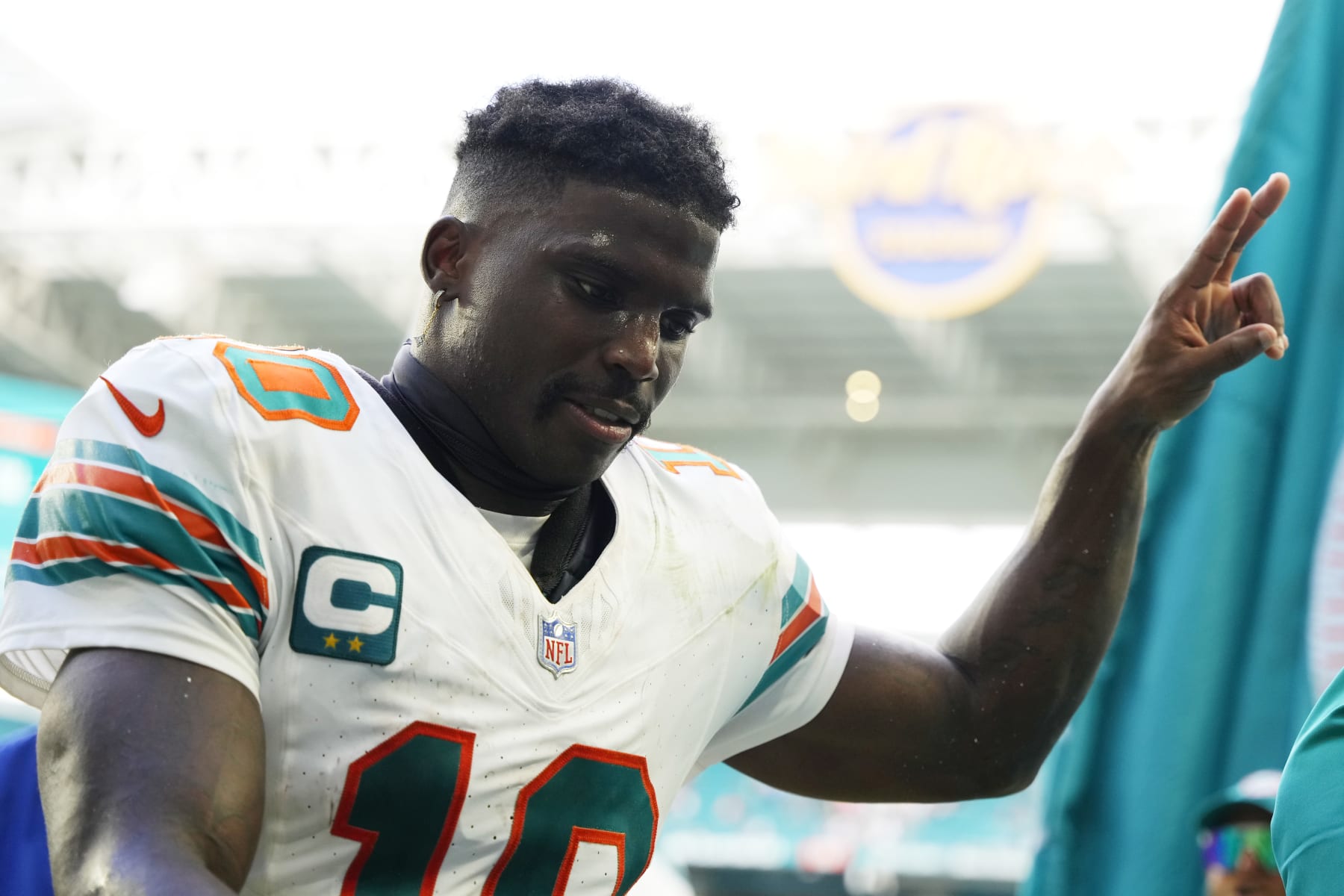 MIAMI GARDENS, FLORIDA - OCTOBER 29: Tyreek Hill #10 of the Miami Dolphins gestures towards fans after his team's 31-17 win against the New England Patriots at Hard Rock Stadium on October 29, 2023 in Miami Gardens, Florida. (Photo by Rich Storry/Getty Images)