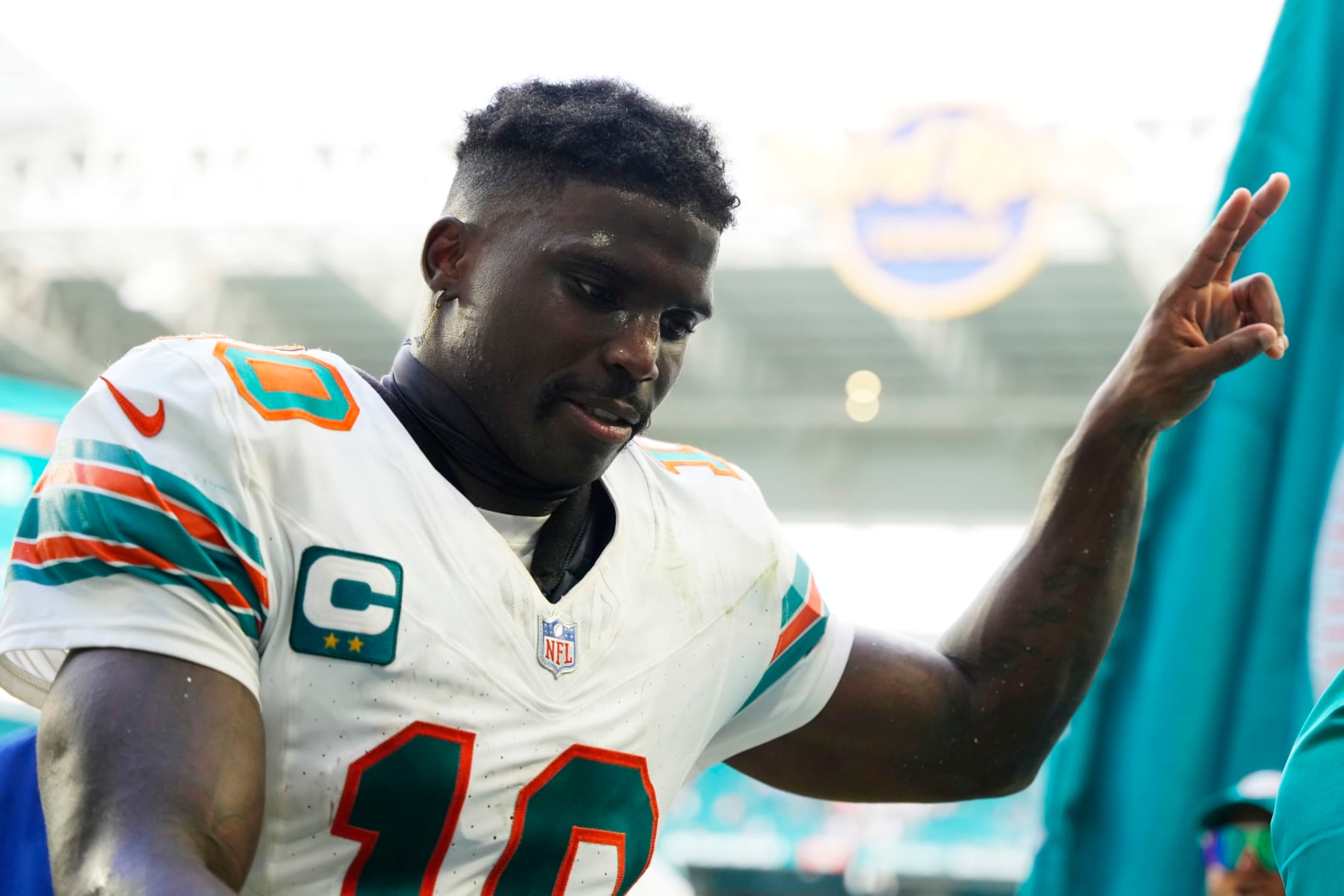 MIAMI GARDENS, FLORIDA - OCTOBER 29: Tyreek Hill #10 of the Miami Dolphins gestures towards fans after his team's 31-17 win against the New England Patriots at Hard Rock Stadium on October 29, 2023 in Miami Gardens, Florida. (Photo by Rich Storry/Getty Images)