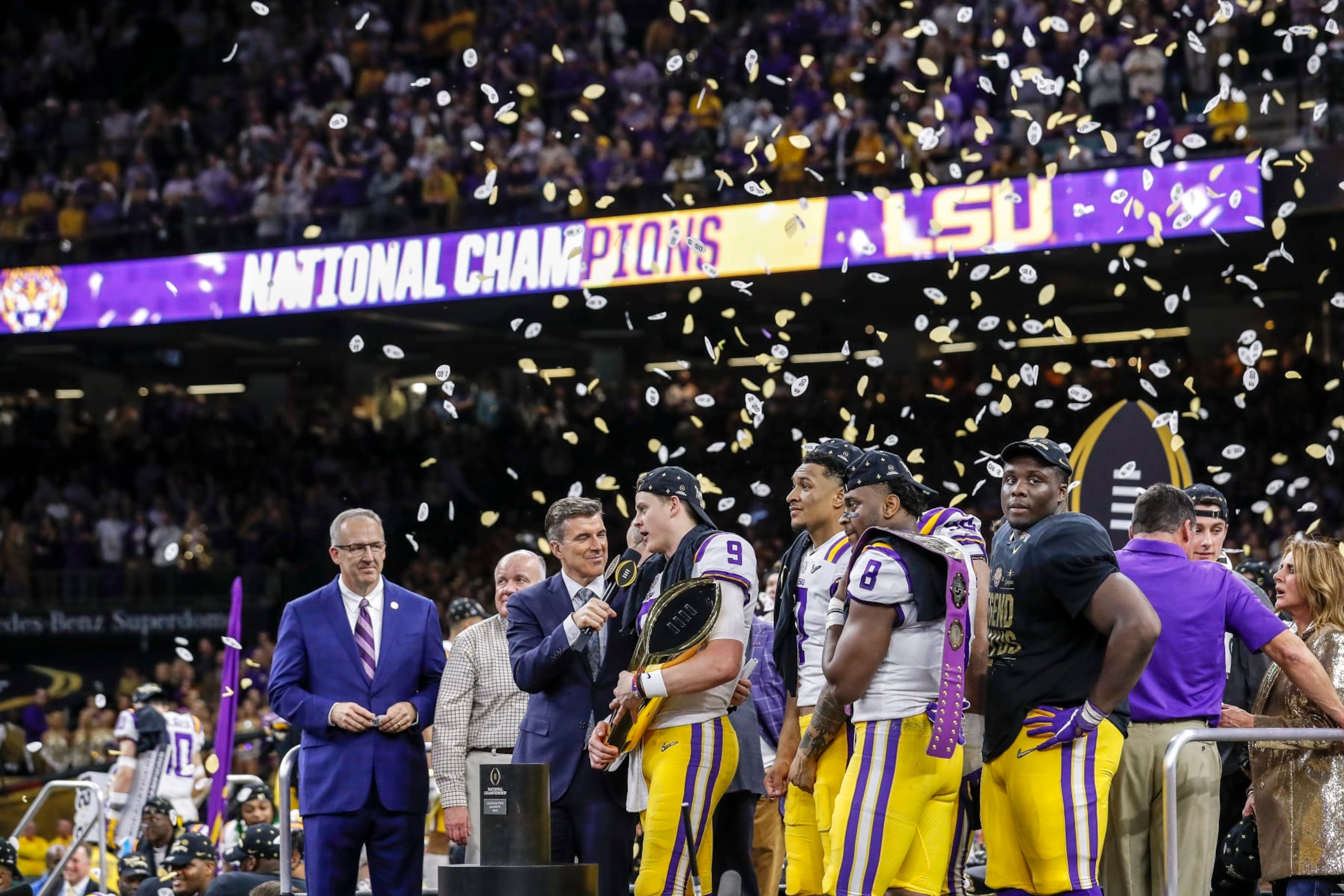 NEW ORLEANS, LA - JANUARY 13: ESPN's Rece Davis interviews Quarterback Joe Burrow #9 of the LSU Tigers on stage after the College Football Playoff National Championship game against the Clemson Tigers at the Mercedes-Benz Superdome on January 13, 2020 in New Orleans, Louisiana. LSU defeated Clemson 42 to 25. (Photo by Don Juan Moore/Getty Images) NEW ORLEANS, LA - JANUARY 13: ESPN's Rece Davis interviews Quarterback Joe Burrow #9 of the LSU Tigers on stage after the College Football Playoff National Championship game against the Clemson Tigers at the Mercedes-Benz Superdome on January 13, 2020 in New Orleans, Louisiana. LSU defeated Clemson 42 to 25. (Photo by Don Juan Moore/Getty Images)
