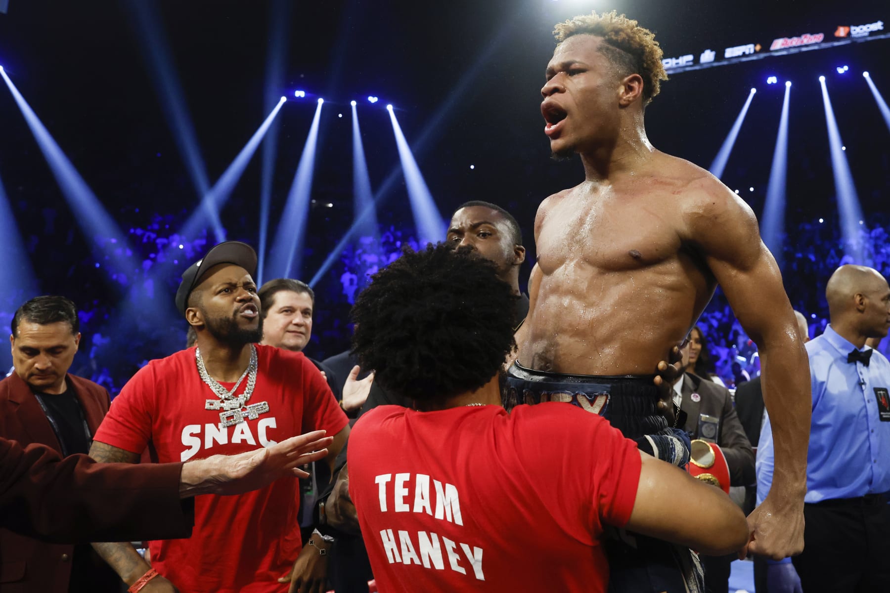 LAS VEGAS, NEVADA - MAY 20: Devin Haney celebrates after defeating Vasyl  Lomachenko of Ukraine during their Undisputed lightweight championship fight at MGM Grand Garden Arena on May 20, 2023 in Las Vegas, Nevada. (Photo by Sarah Stier/Getty Images)
