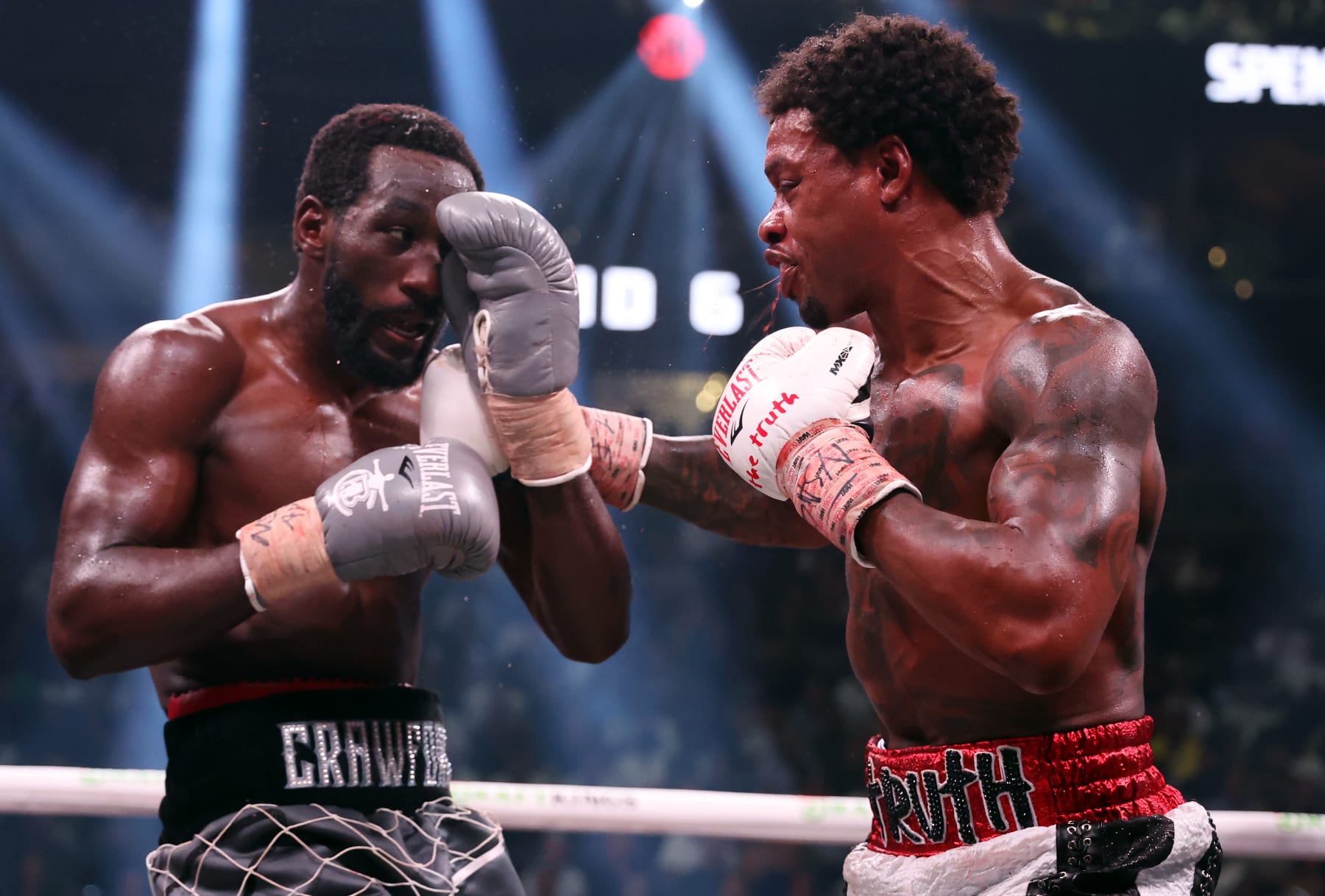 LAS VEGAS, NEVADA - JULY 29: Errol Spence Jr. punches Terence Crawford during the World Welterweight Championship bout at T-Mobile Arena on July 29, 2023 in Las Vegas, Nevada. (Photo by Al Bello/Getty Images)