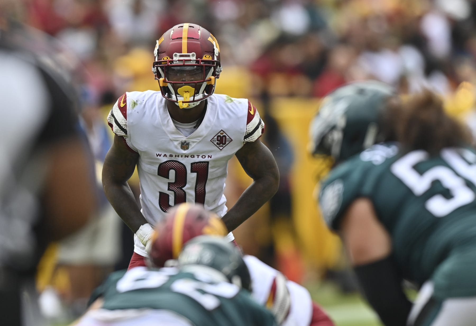 LANDOVER, MD - SEPTEMBER 25:Washington Commanders safety Kam Curl (31) on the field during the third quarter of the game between the Washington Commanders and the Philadelphia Eagles at FedEx Field on September 25, 2022. (Photo by /Jonathan Newton /The Washington Post via Getty Images)