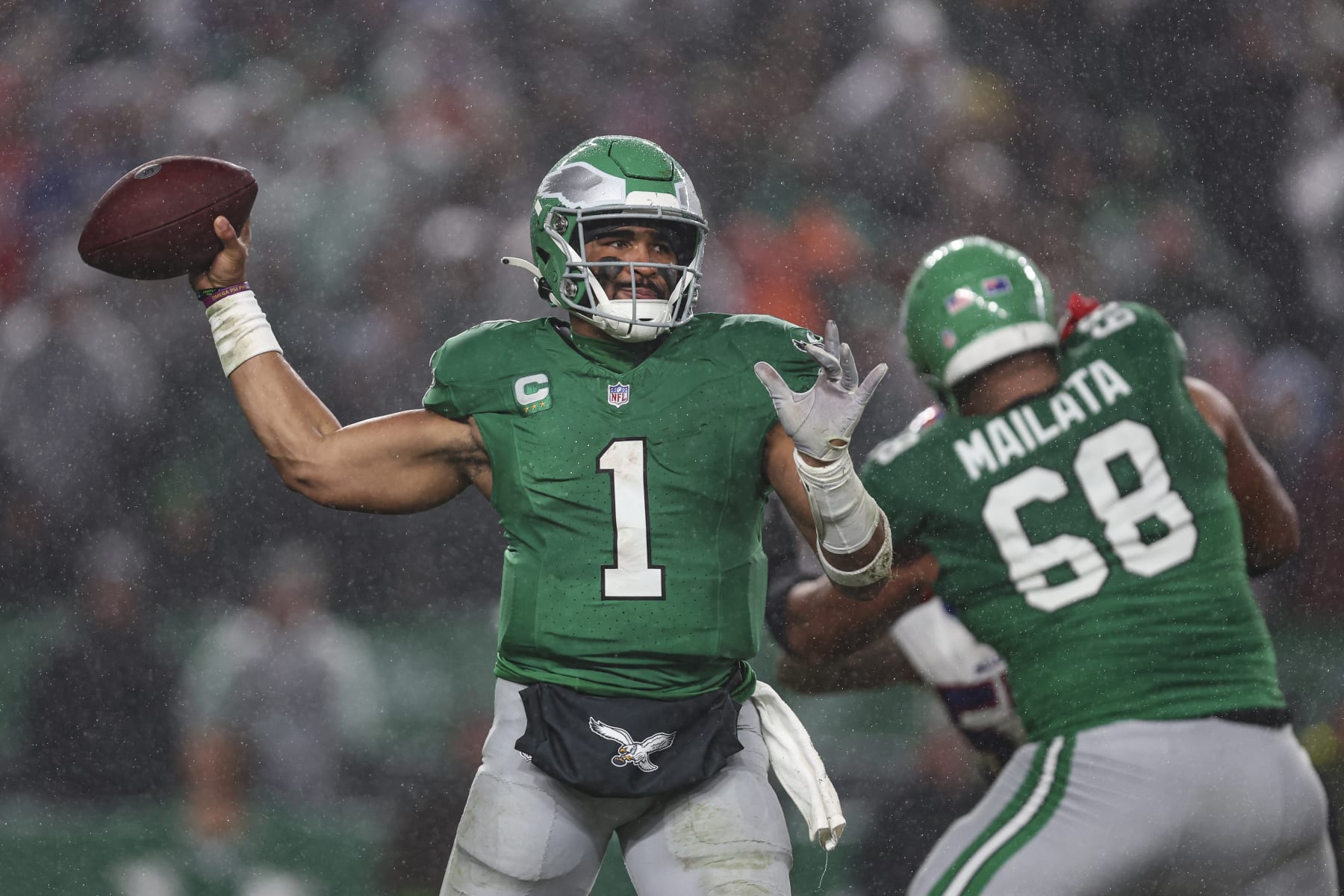 PHILADELPHIA, PA - NOVEMBER 26: Jalen Hurts #1 of the Philadelphia Eagles throws the ball during an NFL football game against the Buffalo Bills at Lincoln Financial Field on November 26, 2023 in Philadelphia, Pennsylvania. (Photo by Perry Knotts/Getty Images)