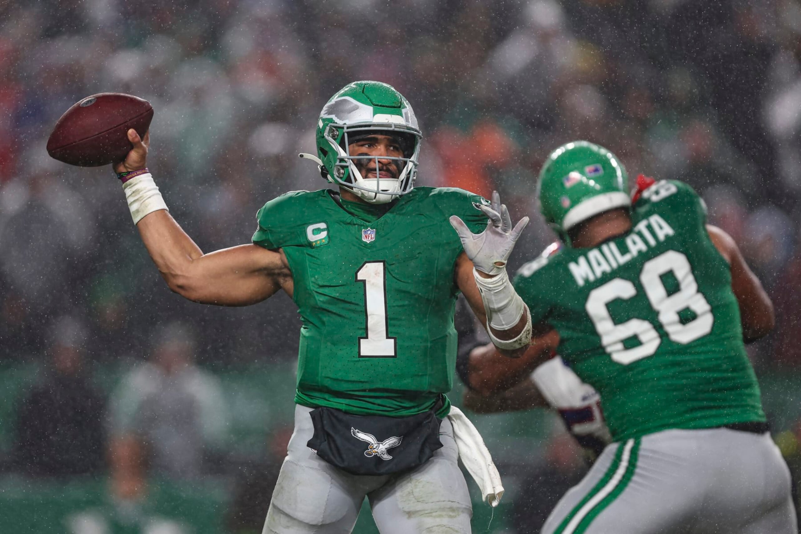 PHILADELPHIA, PA - NOVEMBER 26: Jalen Hurts #1 of the Philadelphia Eagles throws the ball during an NFL football game against the Buffalo Bills at Lincoln Financial Field on November 26, 2023 in Philadelphia, Pennsylvania. (Photo by Perry Knotts/Getty Images)