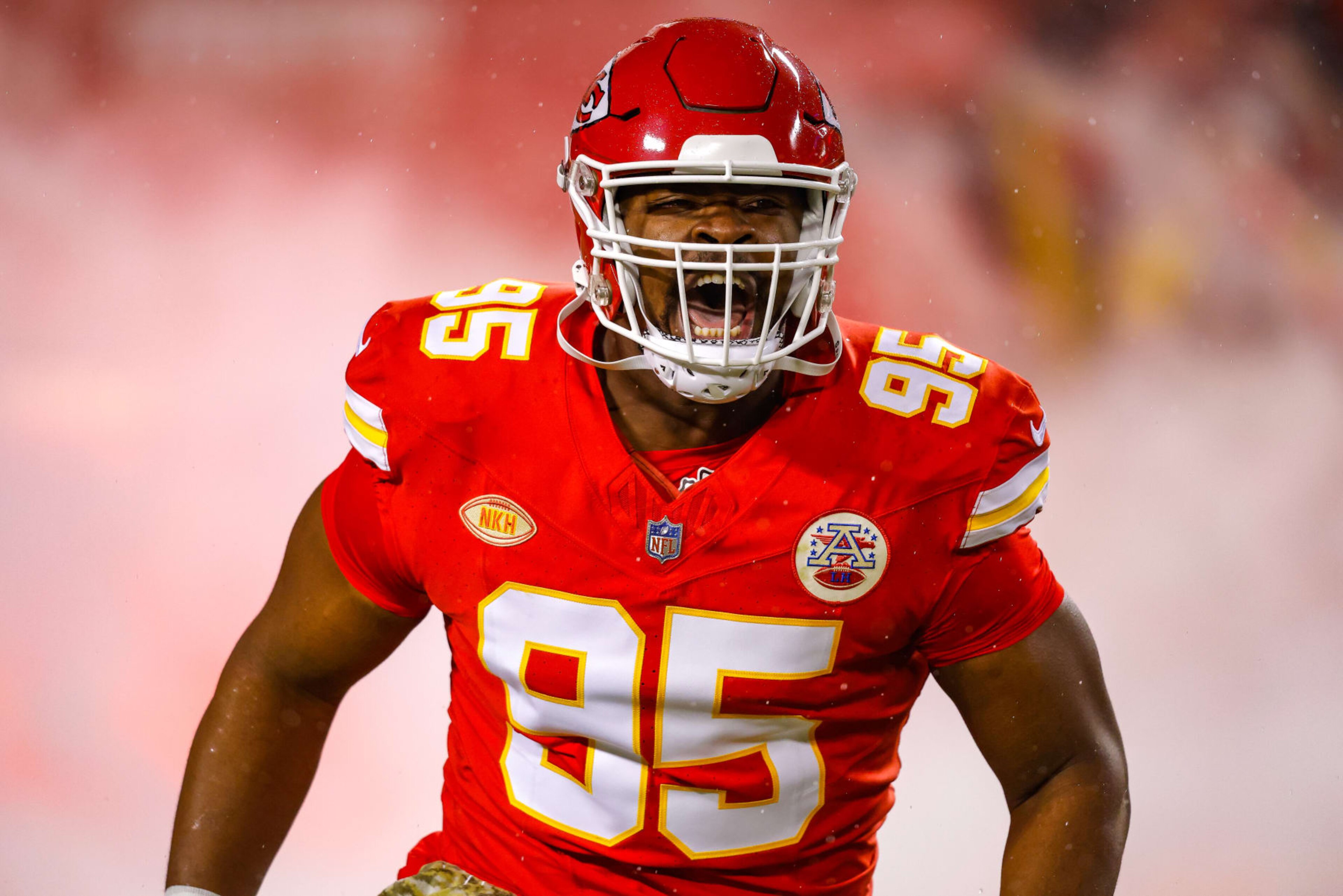 KANSAS CITY, MISSOURI - NOVEMBER 20: Chris Jones #95 of the Kansas City Chiefs runs on the field during pregame introductions prior to the game against the Philadelphia Eagles at GEHA Field at Arrowhead Stadium on November 20, 2023 in Kansas City, Missouri. (Photo by David Eulitt/Getty Images)