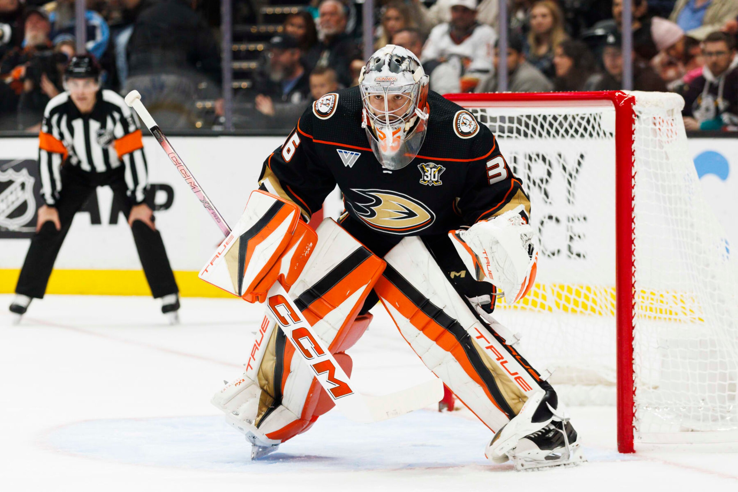 ANAHEIM, CA - NOVEMBER 17: Anaheim Ducks goaltender John Gibson (36) in net during an NHL hockey game against the Florida Panthers on November 17, 2023 at Honda Center in Anaheim, CA. (Photo by Ric Tapia/Icon Sportswire via Getty Images) ANAHEIM, CA - NOVEMBER 17: Anaheim Ducks goaltender John Gibson (36) in net during an NHL hockey game against the Florida Panthers on November 17, 2023 at Honda Center in Anaheim, CA. (Photo by Ric Tapia/Icon Sportswire via Getty Images)