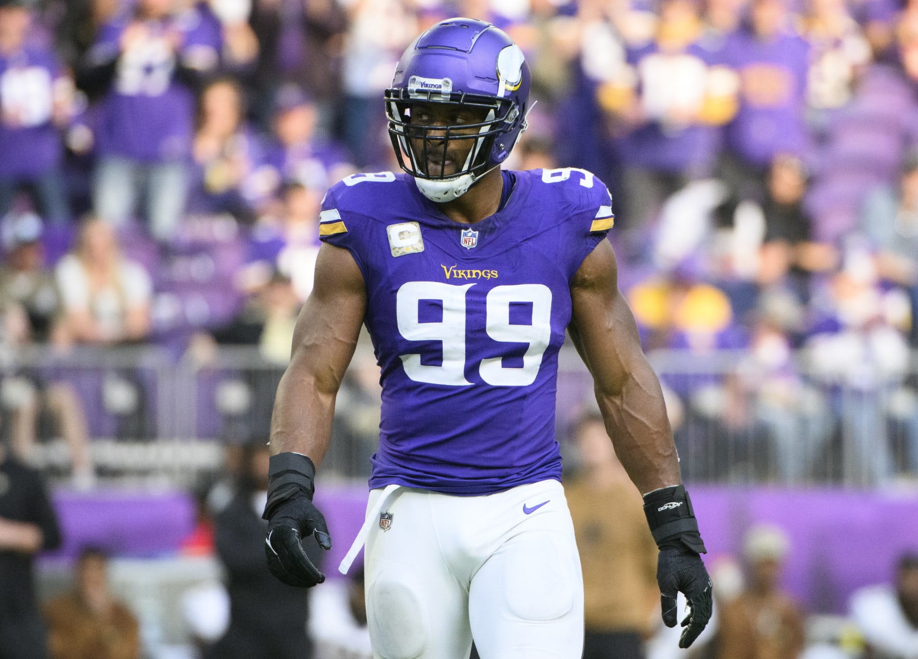 MINNEAPOLIS, MINNESOTA - NOVEMBER 12: Danielle Hunter #99 of the Minnesota Vikings lines up for a play in the third quarter of the game against the New Orleans Saints at U.S. Bank Stadium on November 12, 2023 in Minneapolis, Minnesota. (Photo by Stephen Maturen/Getty Images)
