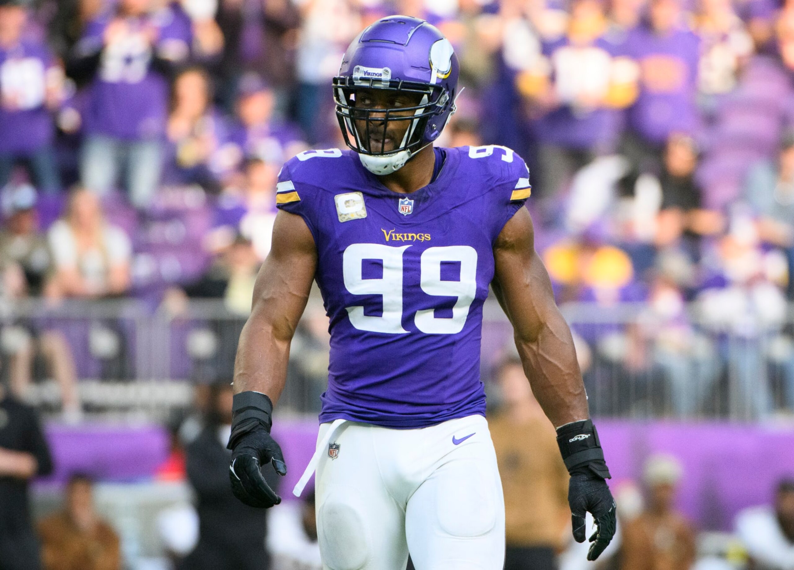 MINNEAPOLIS, MINNESOTA - NOVEMBER 12: Danielle Hunter #99 of the Minnesota Vikings lines up for a play in the third quarter of the game against the New Orleans Saints at U.S. Bank Stadium on November 12, 2023 in Minneapolis, Minnesota. (Photo by Stephen Maturen/Getty Images)