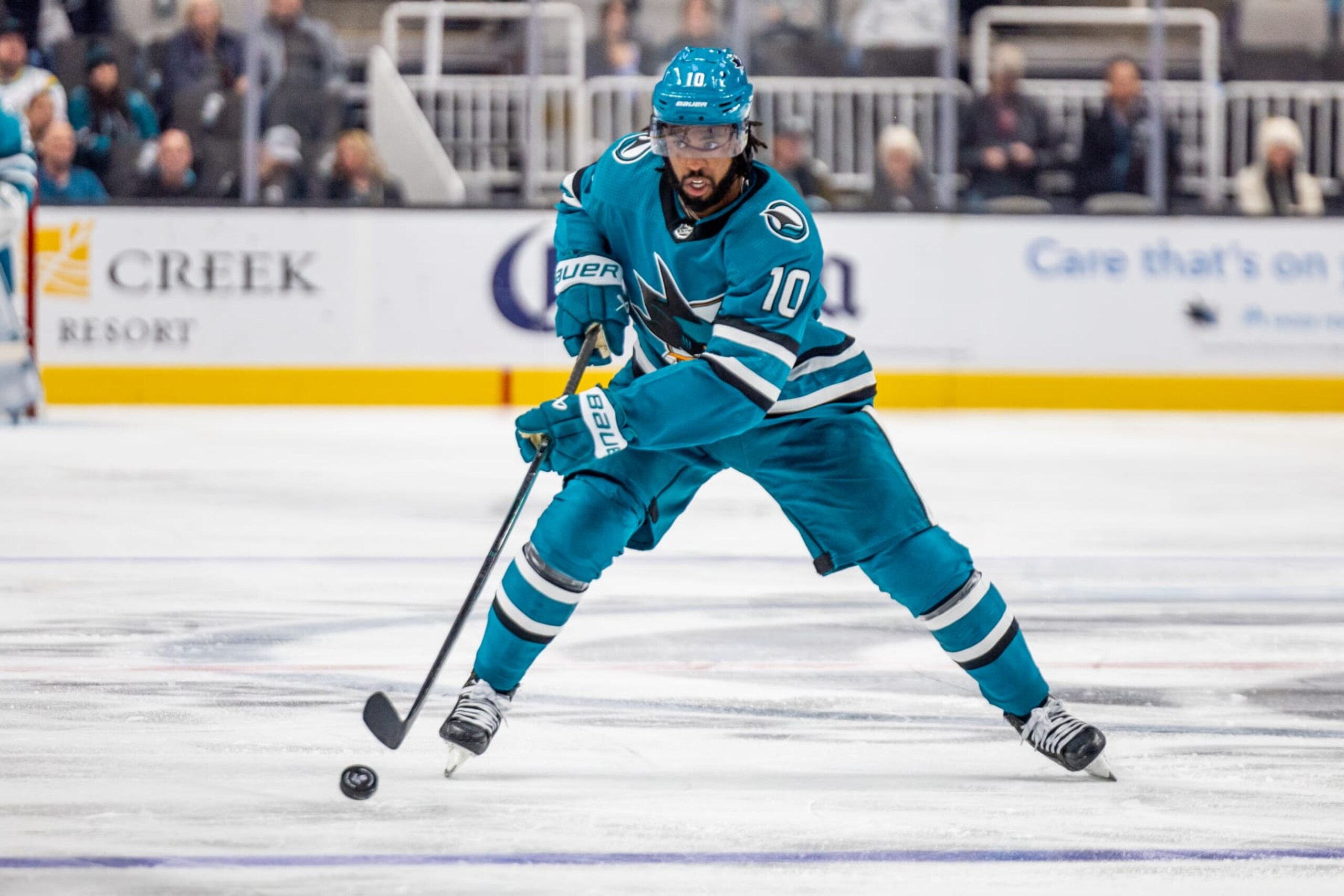 SAN JOSE, CA - NOVEMBER 02: San Jose Sharks left wing Anthony Duclair (10) skates with the puck during the NHL professional men's hockey game between the Vancouver Canucks and San Jose Sharks on November 2, 2023 at the SAP Center in San Jose, CA. (Photo by Bob Kupbens/Icon Sportswire via Getty Images) SAN JOSE, CA - NOVEMBER 02: San Jose Sharks left wing Anthony Duclair (10) skates with the puck during the NHL professional men's hockey game between the Vancouver Canucks and San Jose Sharks on November 2, 2023 at the SAP Center in San Jose, CA. (Photo by Bob Kupbens/Icon Sportswire via Getty Images)