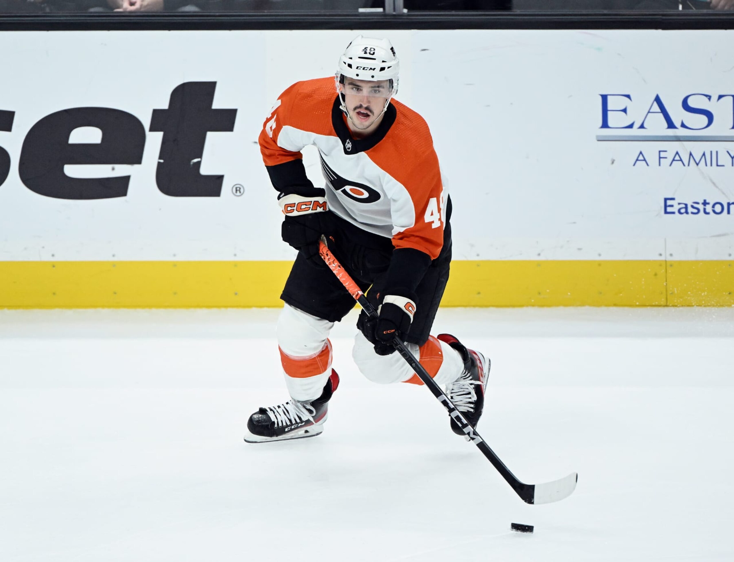 ANAHEIM, CA - NOVEMBER 10: Philadelphia Flyers center Morgan Frost (48) with the puck during an NHL hockey game against the Anaheim Ducks played on November 10, 2023 at the Honda Center in Anaheim, CA. (Photo by John Cordes/Icon Sportswire via Getty Images) ANAHEIM, CA - NOVEMBER 10: Philadelphia Flyers center Morgan Frost (48) with the puck during an NHL hockey game against the Anaheim Ducks played on November 10, 2023 at the Honda Center in Anaheim, CA. (Photo by John Cordes/Icon Sportswire via Getty Images)