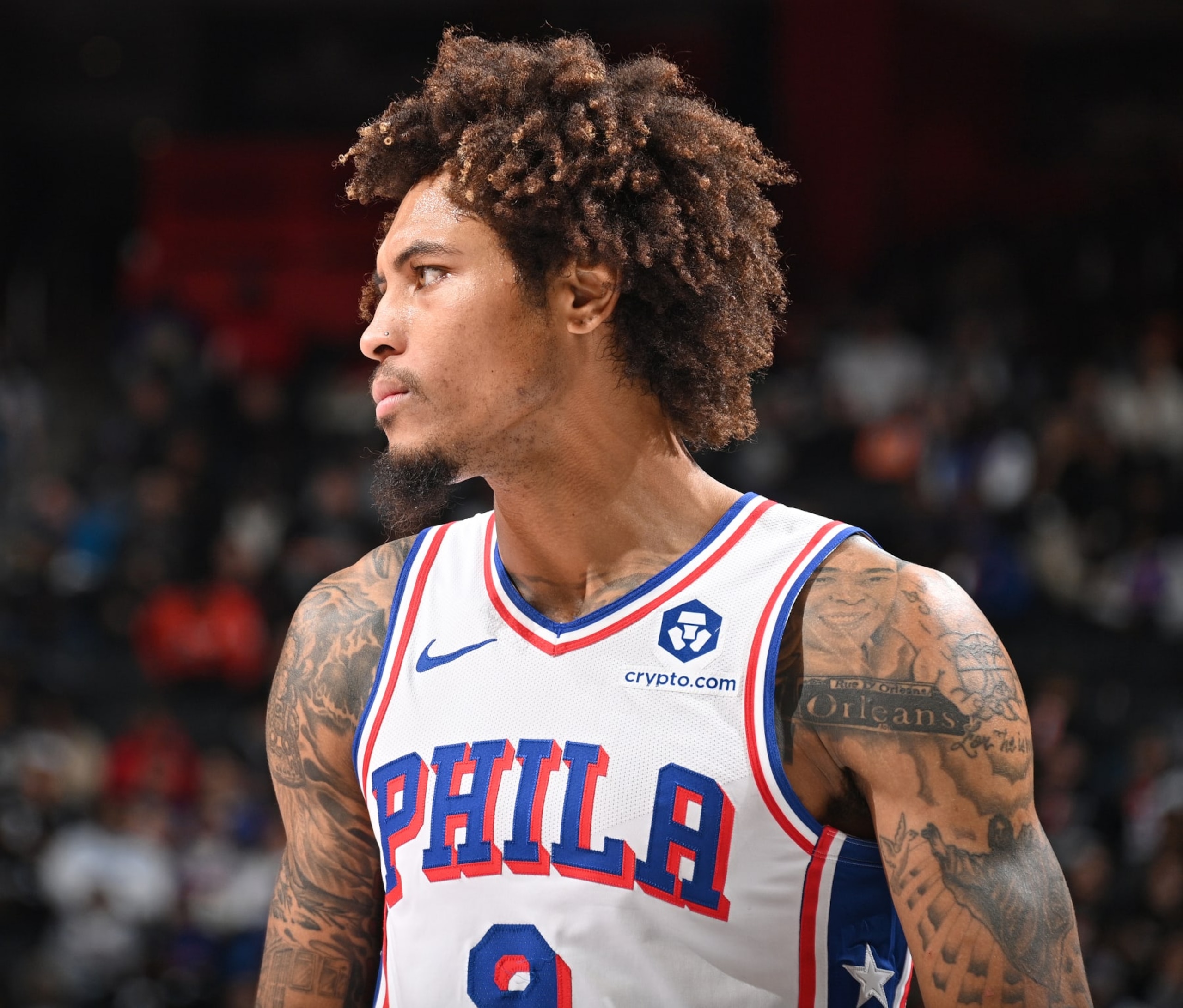 DETROIT, MI - NOVEMBER 10: Kelly Oubre Jr. #9 of the Philadelphia 76ers looks on during the game against the Detroit Pistons during the In-Season Tournament on November 10, 2023 at Little Caesars Arena in Detroit, Michigan. NOTE TO USER: User expressly acknowledges and agrees that, by downloading and/or using this photograph, User is consenting to the terms and conditions of the Getty Images License Agreement. Mandatory Copyright Notice: Copyright 2023 NBAE (Photo by Chris Schwegler/NBAE via Getty Images)