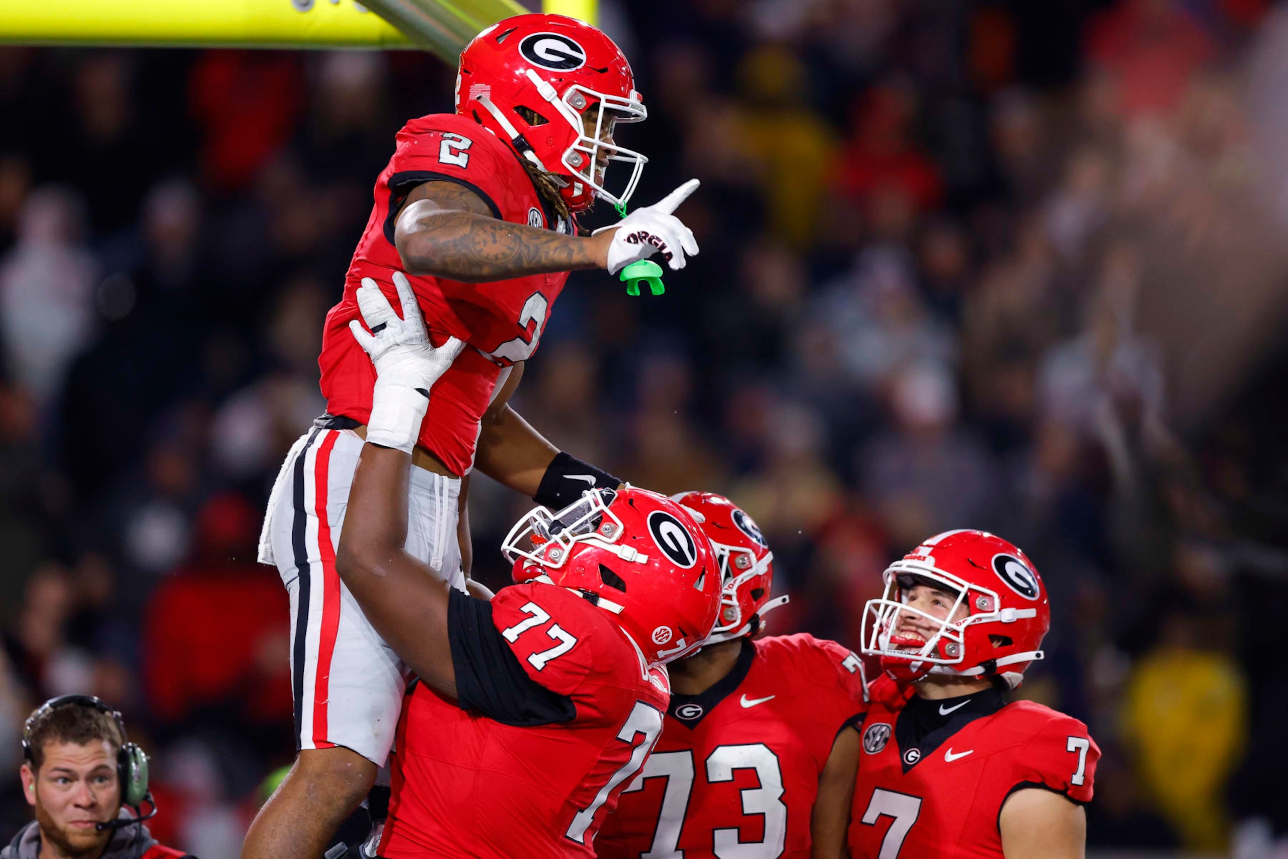 ATLANTA, GEORGIA - NOVEMBER 25: Kendall Milton #2 of the Georgia Bulldogs reacts following a touchdown during the third quarter against the Georgia Tech Yellow Jackets at Bobby Dodd Stadium on November 25, 2023 in Atlanta, Georgia. (Photo by Todd Kirkland/Getty Images)