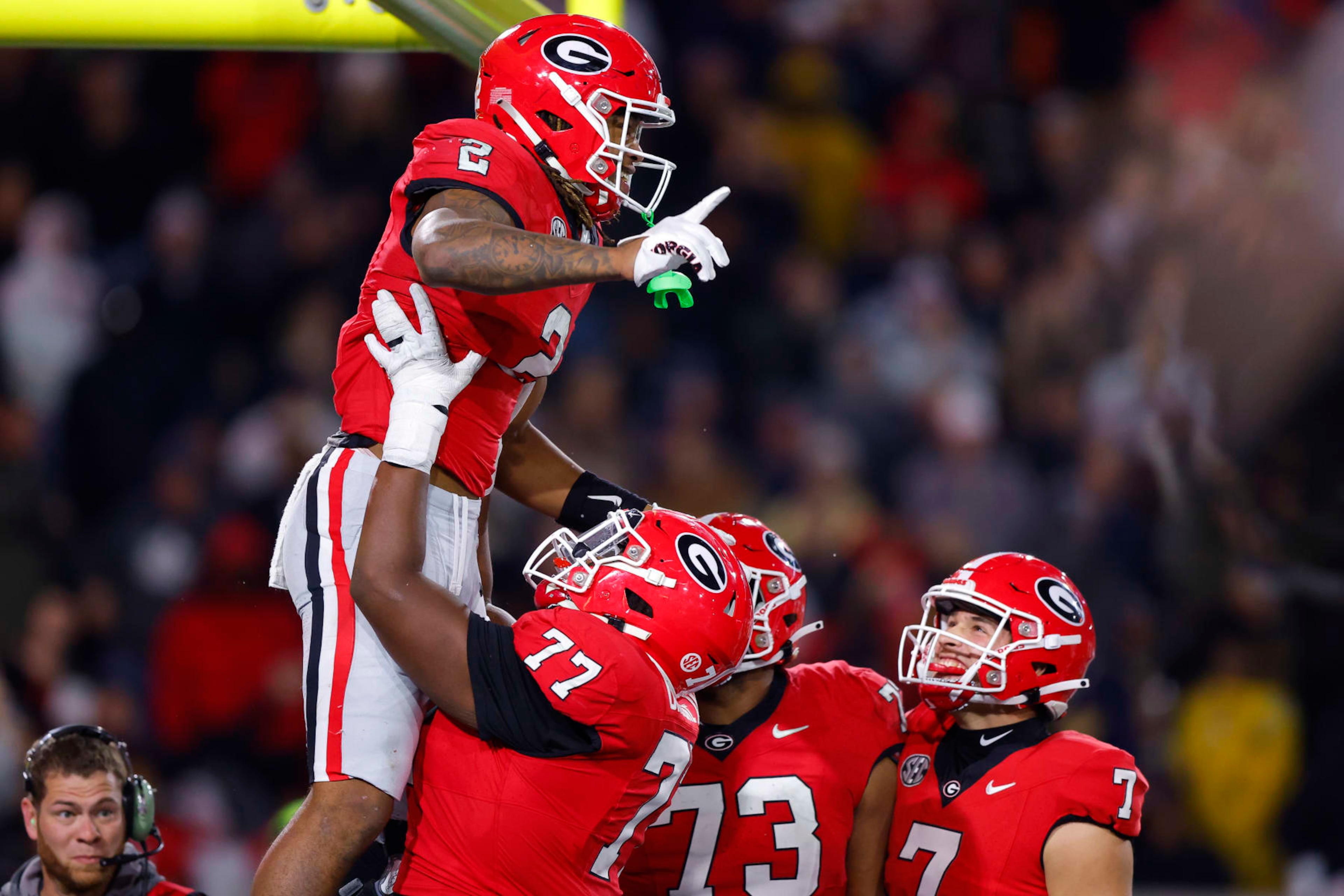 ATLANTA, GEORGIA - NOVEMBER 25: Kendall Milton #2 of the Georgia Bulldogs reacts following a touchdown during the third quarter against the Georgia Tech Yellow Jackets at Bobby Dodd Stadium on November 25, 2023 in Atlanta, Georgia. (Photo by Todd Kirkland/Getty Images)