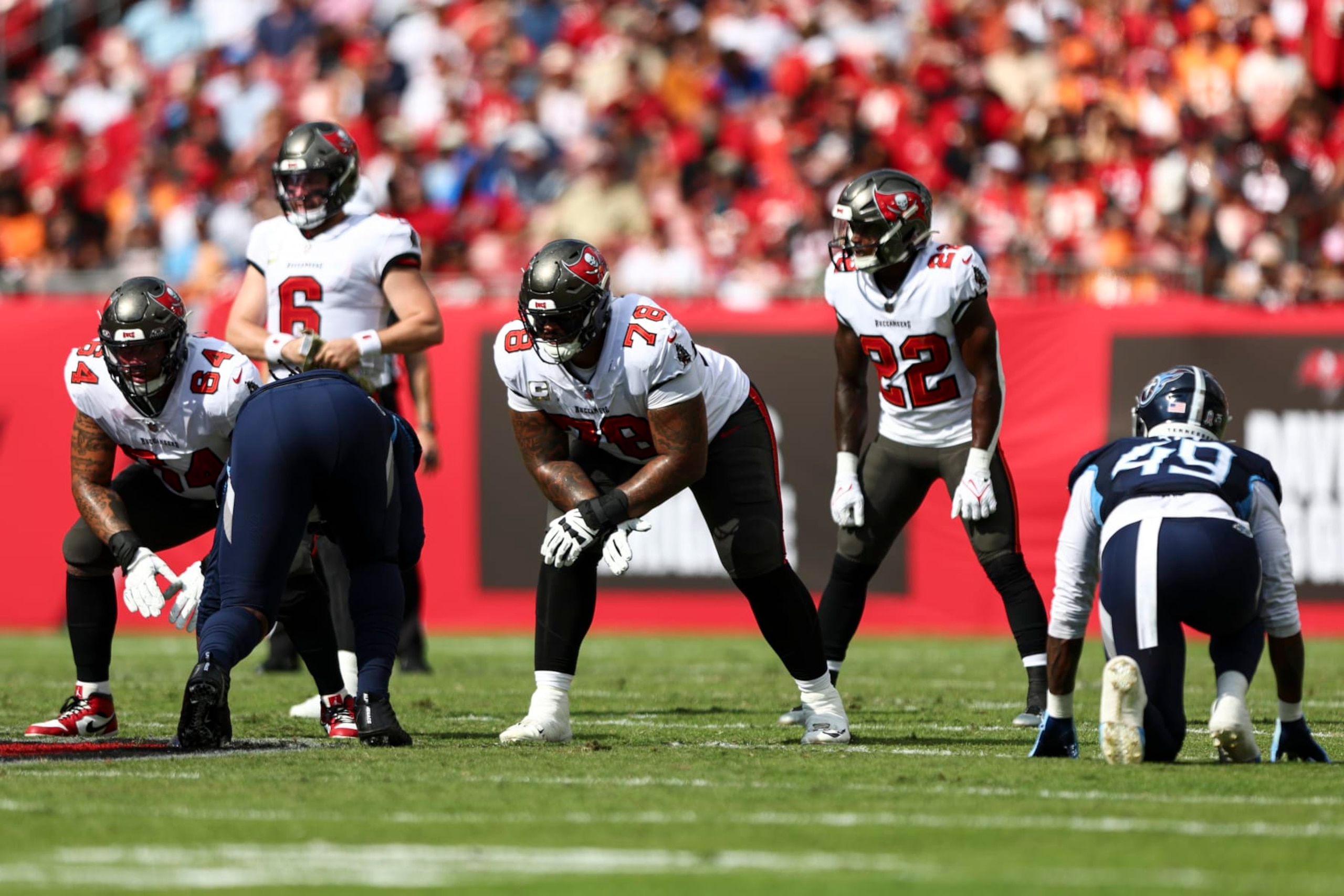 TAMPA, FL - NOVEMBER 12: Tristan Wirfs #78 of the Tampa Bay Buccaneers lines up before a play during an NFL football game against the Tennessee Titans at Raymond James Stadium on November 12, 2023 in Tampa, Florida. (Photo by Kevin Sabitus/Getty Images)