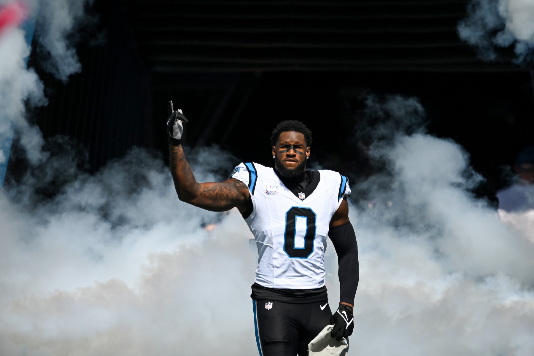 CHARLOTTE, NORTH CAROLINA - OCTOBER 01: Brian Burns #0 of the Carolina Panthers is introduced during the game against the Minnesota Vikings at Bank of America Stadium on October 01, 2023 in Charlotte, North Carolina. (Photo by Grant Halverson/Getty Images)