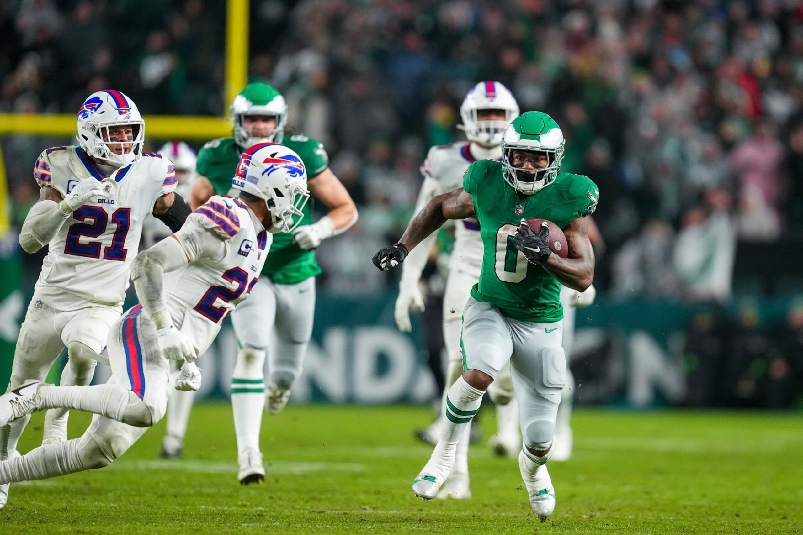 PHILADELPHIA, PENNSYLVANIA - NOVEMBER 26: D'Andre Swift #0 of the Philadelphia Eagles runs the ball during the third quarter against the Buffalo Bills at Lincoln Financial Field on November 26, 2023 in Philadelphia, Pennsylvania. (Photo by Mitchell Leff/Getty Images)