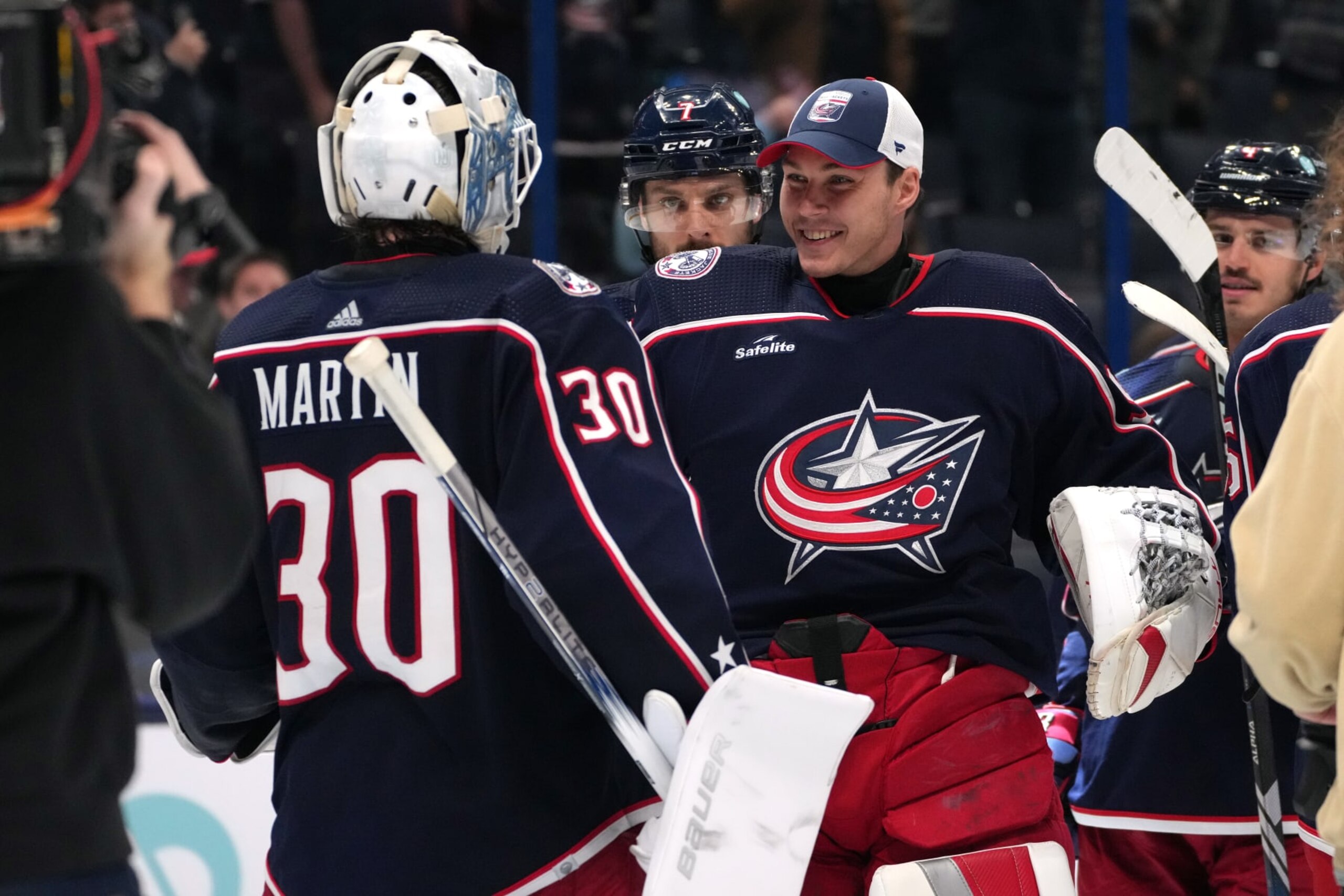 Columbus Blue Jackets goaltenders Elvis Merzlikins (right) and Spencer Martin. Columbus Blue Jackets goaltenders Elvis Merzlikins (right) and Spencer Martin.