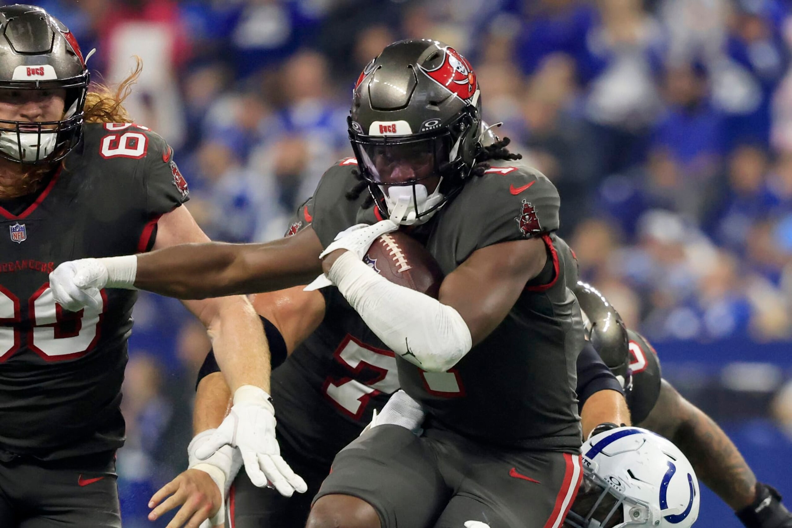 INDIANAPOLIS, INDIANA - NOVEMBER 26: Rachaad White #1 of the Tampa Bay Buccaneers runs the ball in the game against the Indianapolis Colts at Lucas Oil Stadium on November 26, 2023 in Indianapolis, Indiana. (Photo by Justin Casterline/Getty Images)