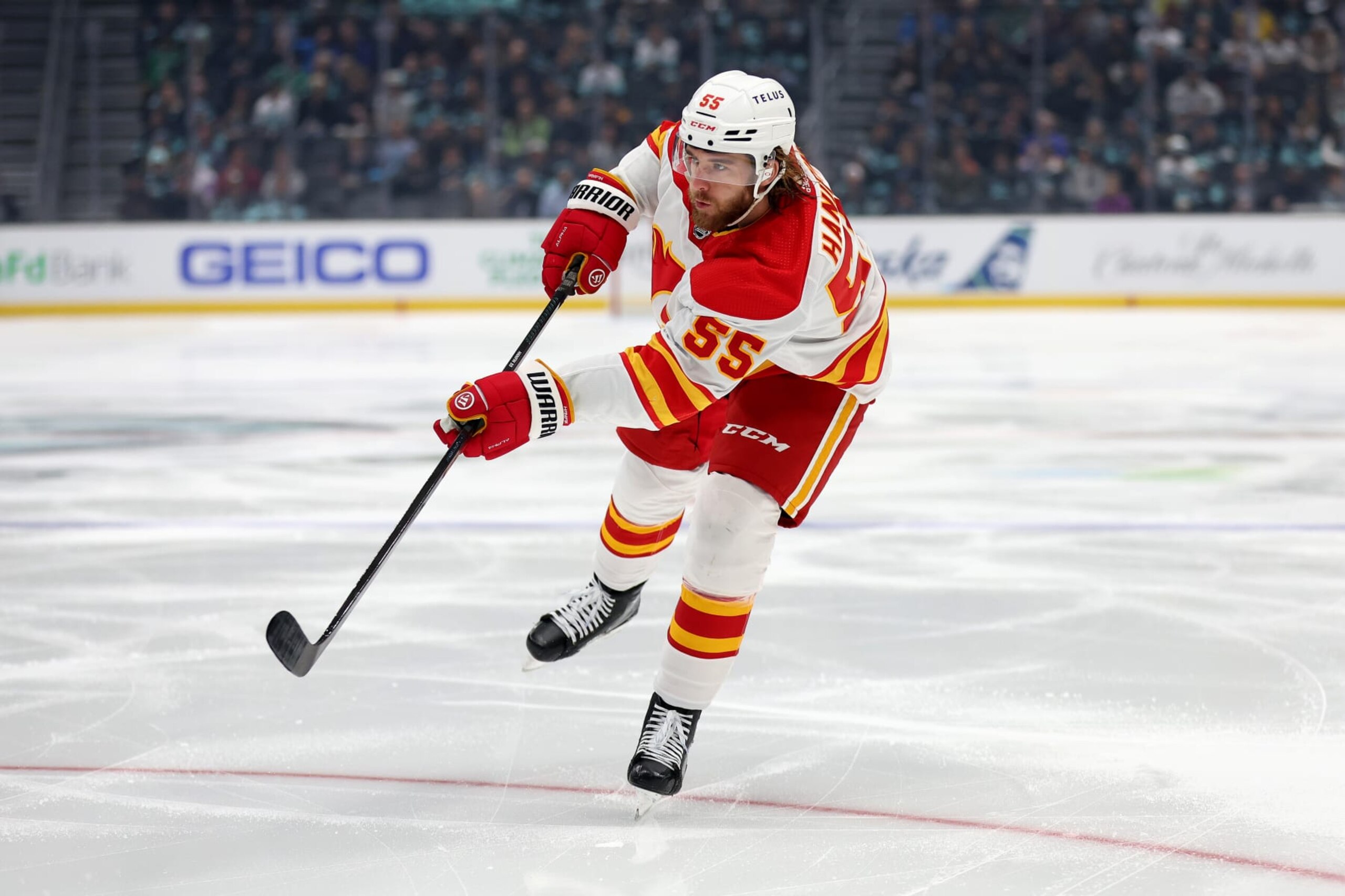 Calgary Flames defenseman Noah Hanifin. Calgary Flames defenseman Noah Hanifin.
