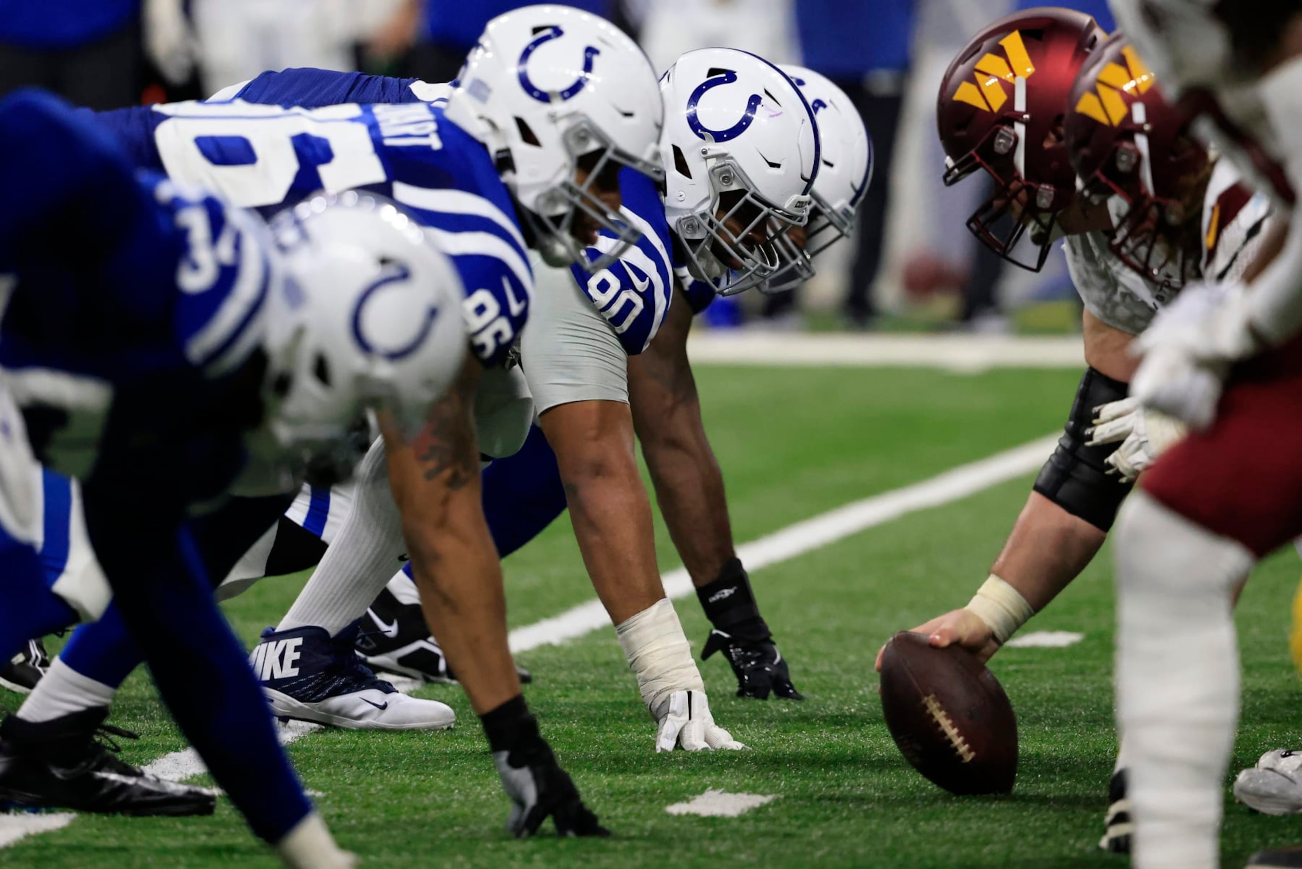 INDIANAPOLIS, INDIANA - OCTOBER 30: The Indianapolis Colts defense lines up in the game against the Washington Commanders at Lucas Oil Stadium on October 30, 2022 in Indianapolis, Indiana. (Photo by Justin Casterline/Getty Images)