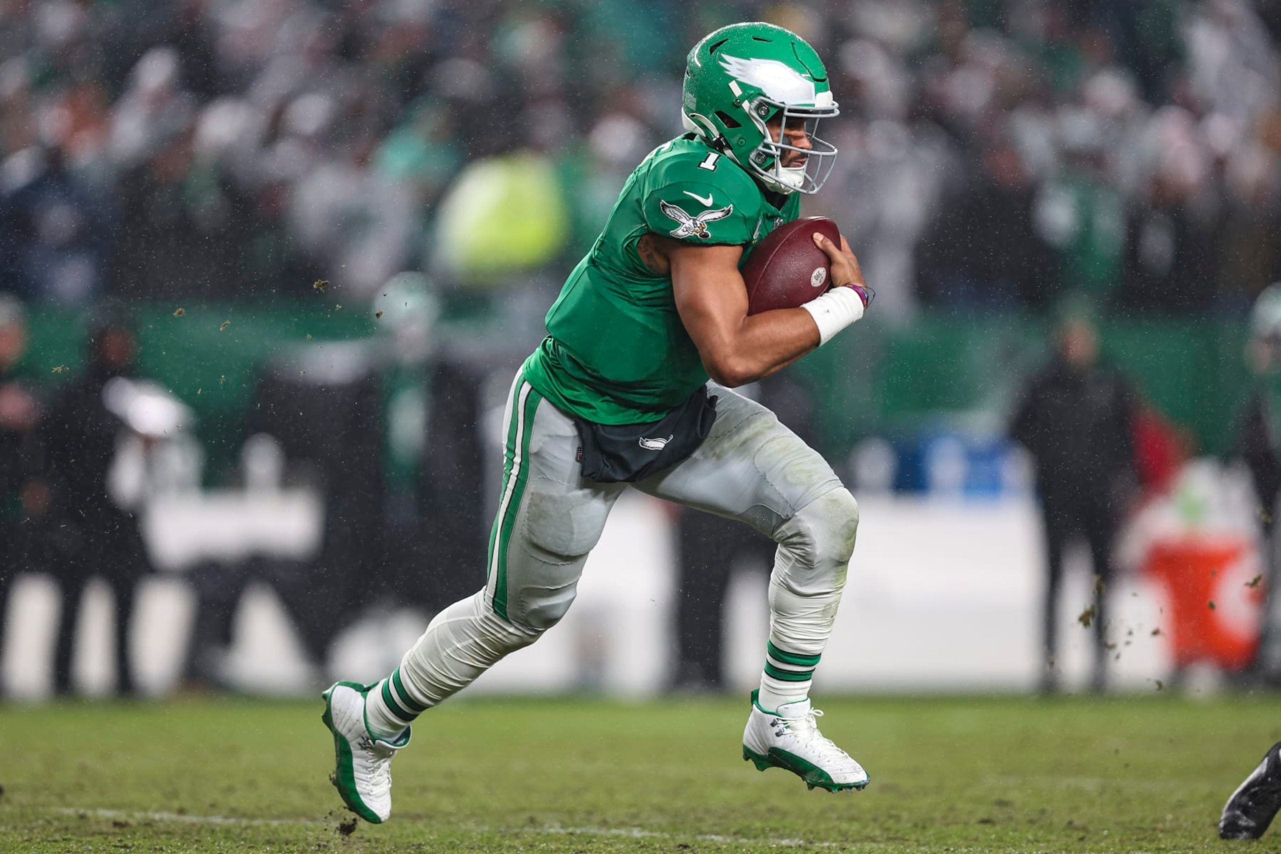 PHILADELPHIA, PA - NOVEMBER 26: Jalen Hurts #1 of the Philadelphia Eagles runs the ball during an NFL football game against the Buffalo Bills at Lincoln Financial Field on November 26, 2023 in Philadelphia, Pennsylvania. (Photo by Perry Knotts/Getty Images)
