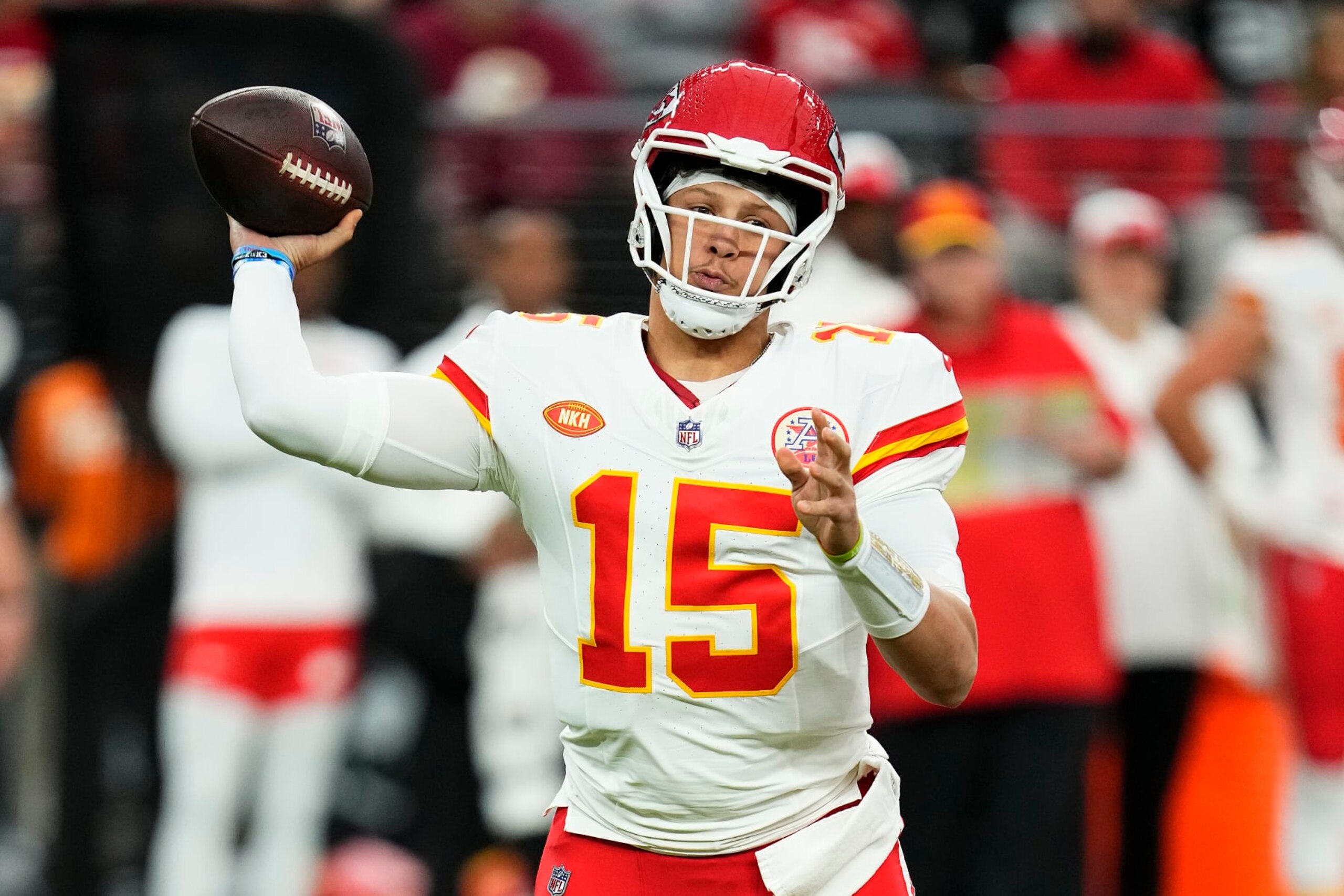LAS VEGAS, NEVADA - NOVEMBER 26: Patrick Mahomes #15 of the Kansas City Chiefs throws a pass during the first half of a game against the Las Vegas Raiders at Allegiant Stadium on November 26, 2023 in Las Vegas, Nevada. (Photo by Jeff Bottari/Getty Images)