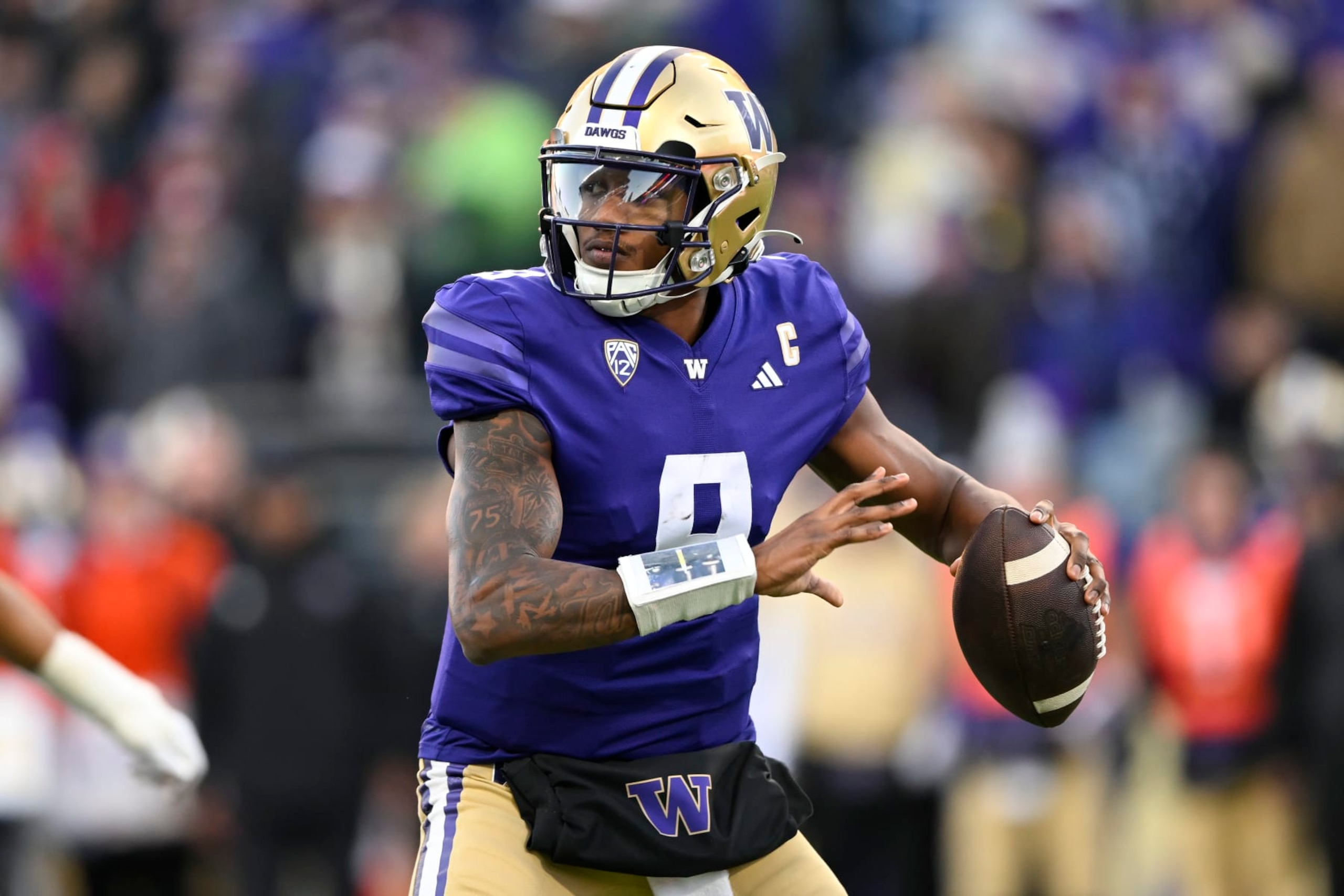 SEATTLE, WASHINGTON - NOVEMBER 25: Michael Penix Jr. #9 of the Washington Huskies throws the ball during the third quarter against the Washington State Cougars at Husky Stadium on November 25, 2023 in Seattle, Washington. The Washington Huskies won 24-21. (Photo by Alika Jenner/Getty Images)