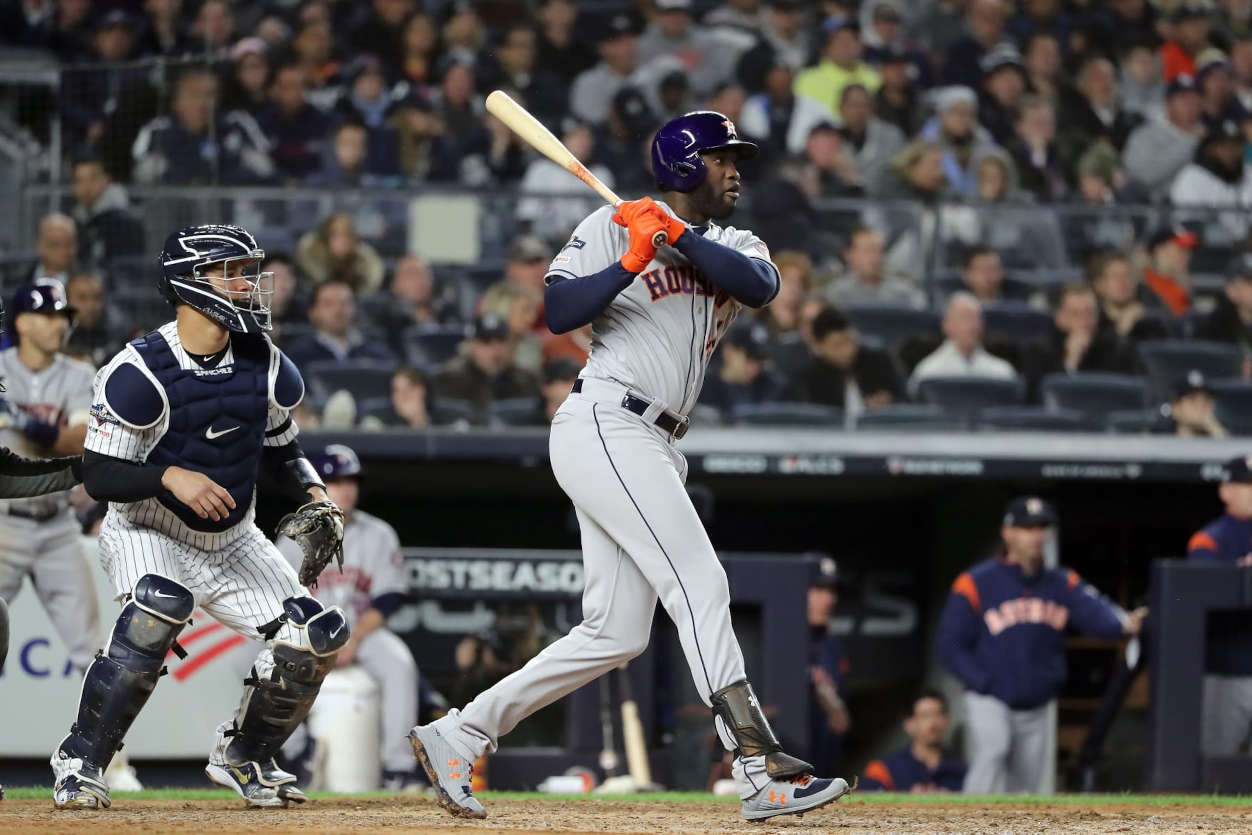 NEW YORK, NEW YORK - OCTOBER 17: Yordan Alvarez #44 of the Houston Astros singles against the New York Yankees during the sixth inning in game four of the American League Championship Series at Yankee Stadium on October 17, 2019 in New York City. (Photo by Elsa/Getty Images) NEW YORK, NEW YORK - OCTOBER 17: Yordan Alvarez #44 of the Houston Astros singles against the New York Yankees during the sixth inning in game four of the American League Championship Series at Yankee Stadium on October 17, 2019 in New York City. (Photo by Elsa/Getty Images)