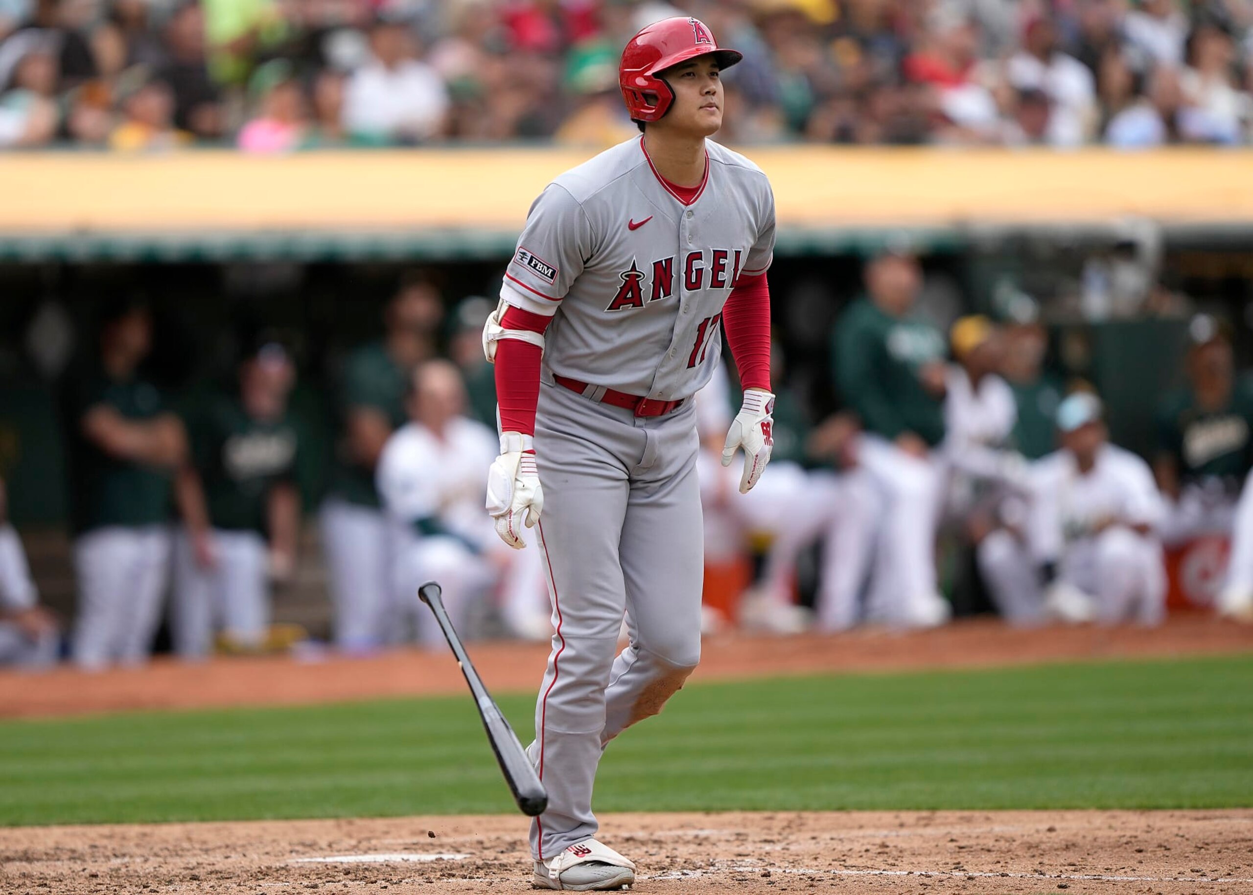 OAKLAND, CALIFORNIA - SEPTEMBER 02: Shohei Ohtani #17 of the Los Angeles Angels reacts by dropping his bat after popping out to shortstop against the Oakland Athletics in the top of the seventh inning at RingCentral Coliseum on September 02, 2023 in Oakland, California. (Photo by Thearon W. Henderson/Getty Images)