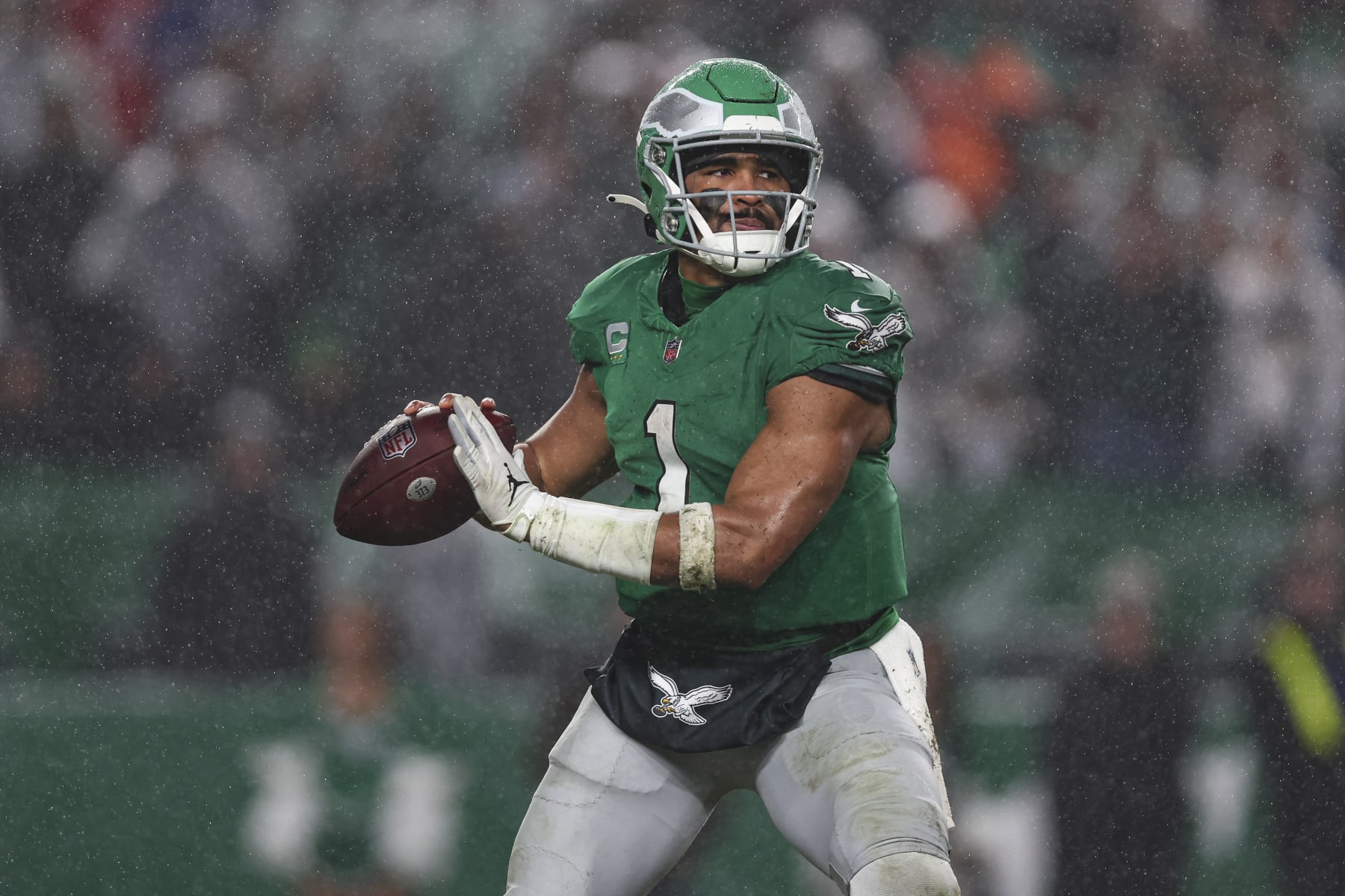 PHILADELPHIA, PA - NOVEMBER 26: Jalen Hurts #1 of the Philadelphia Eagles throws the ball during an NFL football game against the Buffalo Bills at Lincoln Financial Field on November 26, 2023 in Philadelphia, Pennsylvania. (Photo by Perry Knotts/Getty Images)