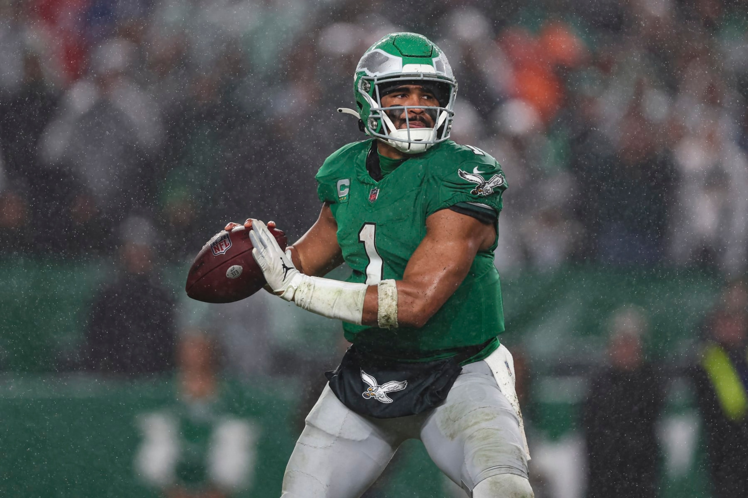 PHILADELPHIA, PA - NOVEMBER 26: Jalen Hurts #1 of the Philadelphia Eagles throws the ball during an NFL football game against the Buffalo Bills at Lincoln Financial Field on November 26, 2023 in Philadelphia, Pennsylvania. (Photo by Perry Knotts/Getty Images) PHILADELPHIA, PA - NOVEMBER 26: Jalen Hurts #1 of the Philadelphia Eagles throws the ball during an NFL football game against the Buffalo Bills at Lincoln Financial Field on November 26, 2023 in Philadelphia, Pennsylvania. (Photo by Perry Knotts/Getty Images)