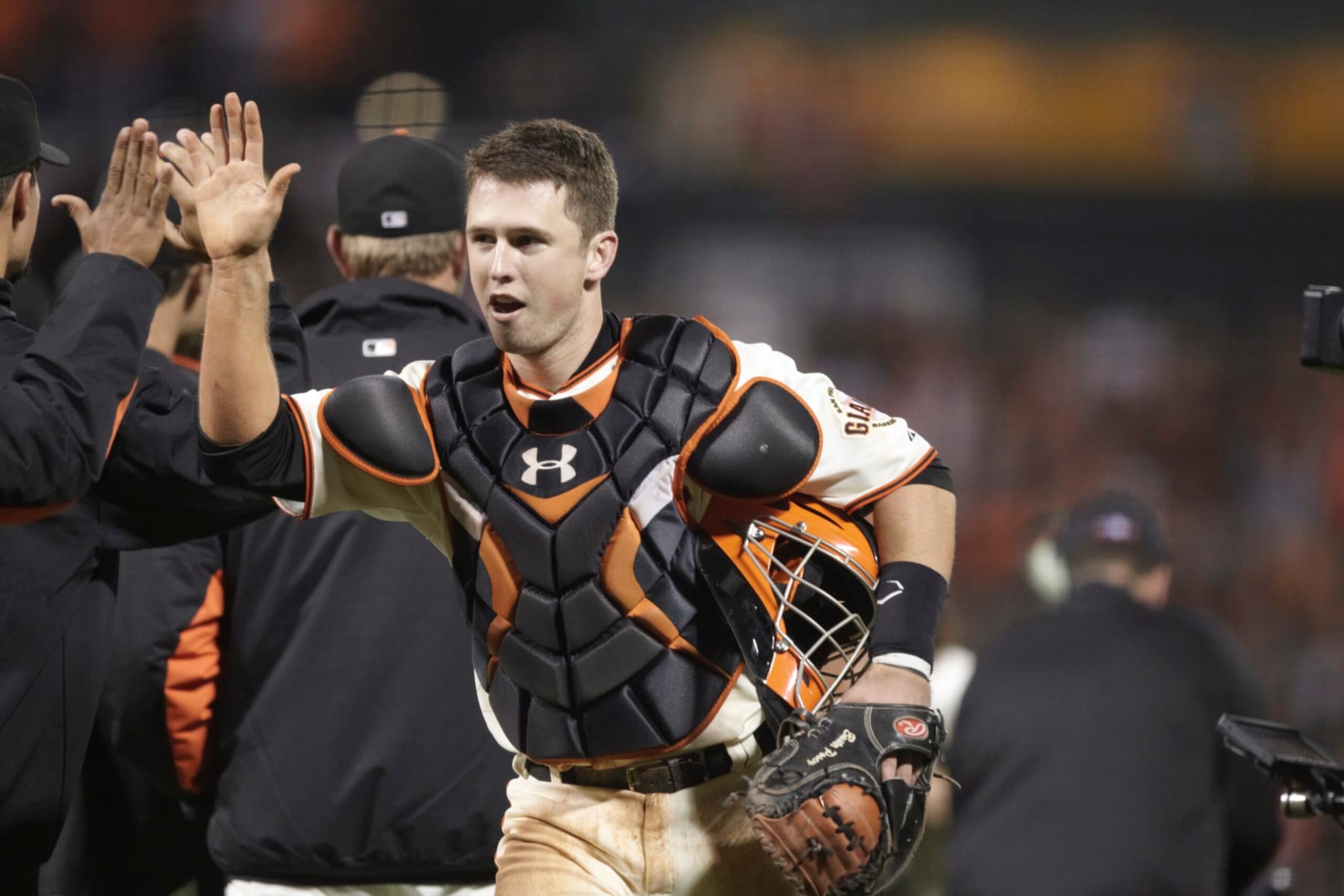 Baseball: NLDS Playoffs: San Francisco Giants Buster Posey (28) victorious after winning Game 1 vs Atlanta Braves. San Francisco, CA 10/7/2010 CREDIT: Jed Jacobsohn (Photo by Jed Jacobsohn /Sports Illustrated via Getty Images) (Set Number: X84835 TK1 R1 F76 ) Baseball: NLDS Playoffs: San Francisco Giants Buster Posey (28) victorious after winning Game 1 vs Atlanta Braves. San Francisco, CA 10/7/2010 CREDIT: Jed Jacobsohn (Photo by Jed Jacobsohn /Sports Illustrated via Getty Images) (Set Number: X84835 TK1 R1 F76 )