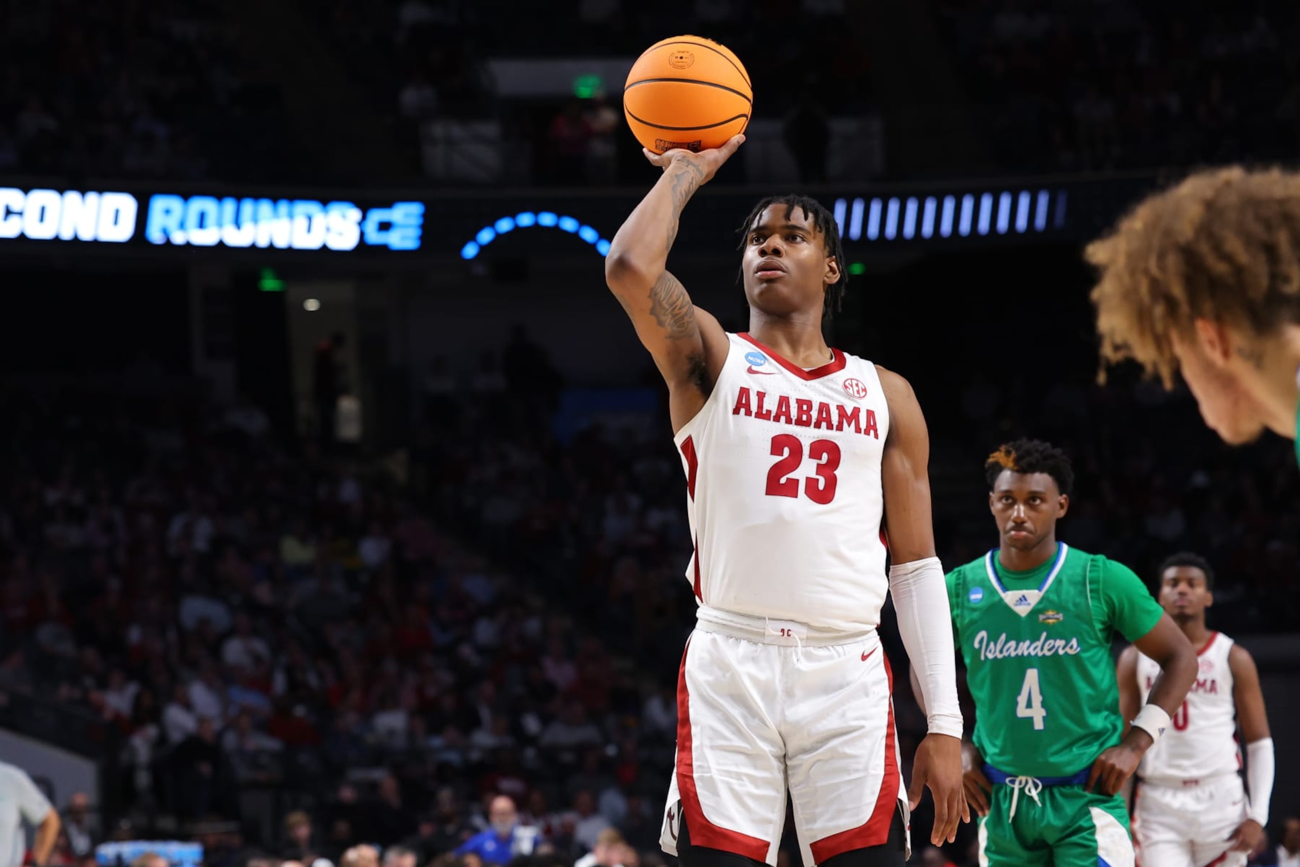 BIRMINGHAM, ALABAMA - MARCH 16: Nick Pringle #23 of the Alabama Crimson Tide attempts a free throw against the Texas A&M-CC Islanders during the second half in the first round of the NCAA Men's Basketball Tournament at Legacy Arena at the BJCC on March 16, 2023 in Birmingham, Alabama. (Photo by Kevin C. Cox/Getty Images) BIRMINGHAM, ALABAMA - MARCH 16: Nick Pringle #23 of the Alabama Crimson Tide attempts a free throw against the Texas A&M-CC Islanders during the second half in the first round of the NCAA Men's Basketball Tournament at Legacy Arena at the BJCC on March 16, 2023 in Birmingham, Alabama. (Photo by Kevin C. Cox/Getty Images)