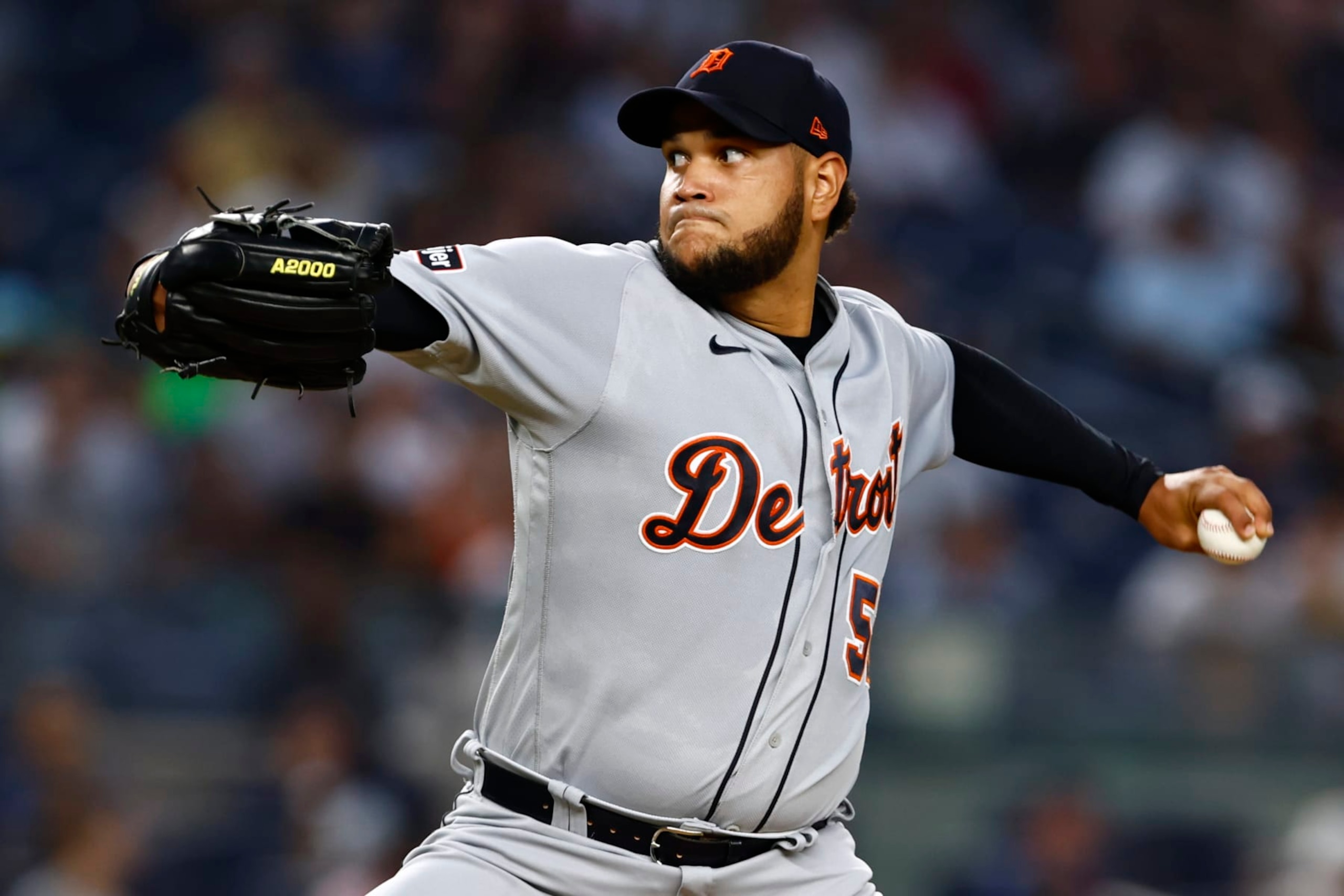 NEW YORK, NEW YORK - SEPTEMBER 7: Eduardo Rodriguez #57 of the Detroit Tigers delivers a pitch against the New York Yankees during the first inning of a game at Yankee Stadium on September 7, 2023 in New York City. (Photo by Rich Schultz/Getty Images)