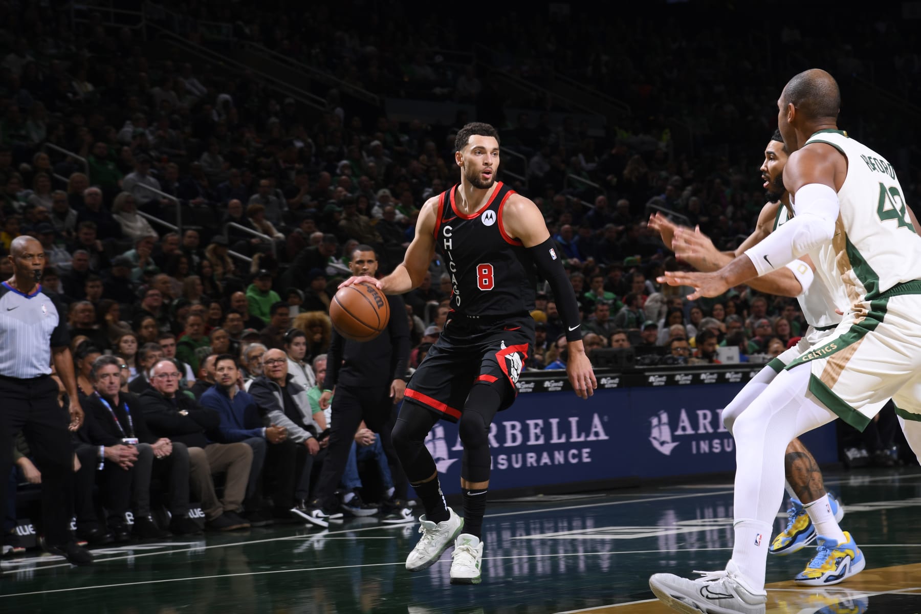 BOSTON, MA - NOVEMBER 28: Zach LaVine #8 of the Chicago Bulls dribbles the ball during the game against the Boston Celtics during the In-Season Tournament on November 28, 2023 at the TD Garden in Boston, Massachusetts. NOTE TO USER: User expressly acknowledges and agrees that, by downloading and or using this photograph, User is consenting to the terms and conditions of the Getty Images License Agreement. Mandatory Copyright Notice: Copyright 2023 NBAE (Photo by Brian Babineau/NBAE via Getty Images) BOSTON, MA - NOVEMBER 28: Zach LaVine #8 of the Chicago Bulls dribbles the ball during the game against the Boston Celtics during the In-Season Tournament on November 28, 2023 at the TD Garden in Boston, Massachusetts. NOTE TO USER: User expressly acknowledges and agrees that, by downloading and or using this photograph, User is consenting to the terms and conditions of the Getty Images License Agreement. Mandatory Copyright Notice: Copyright 2023 NBAE (Photo by Brian Babineau/NBAE via Getty Images)