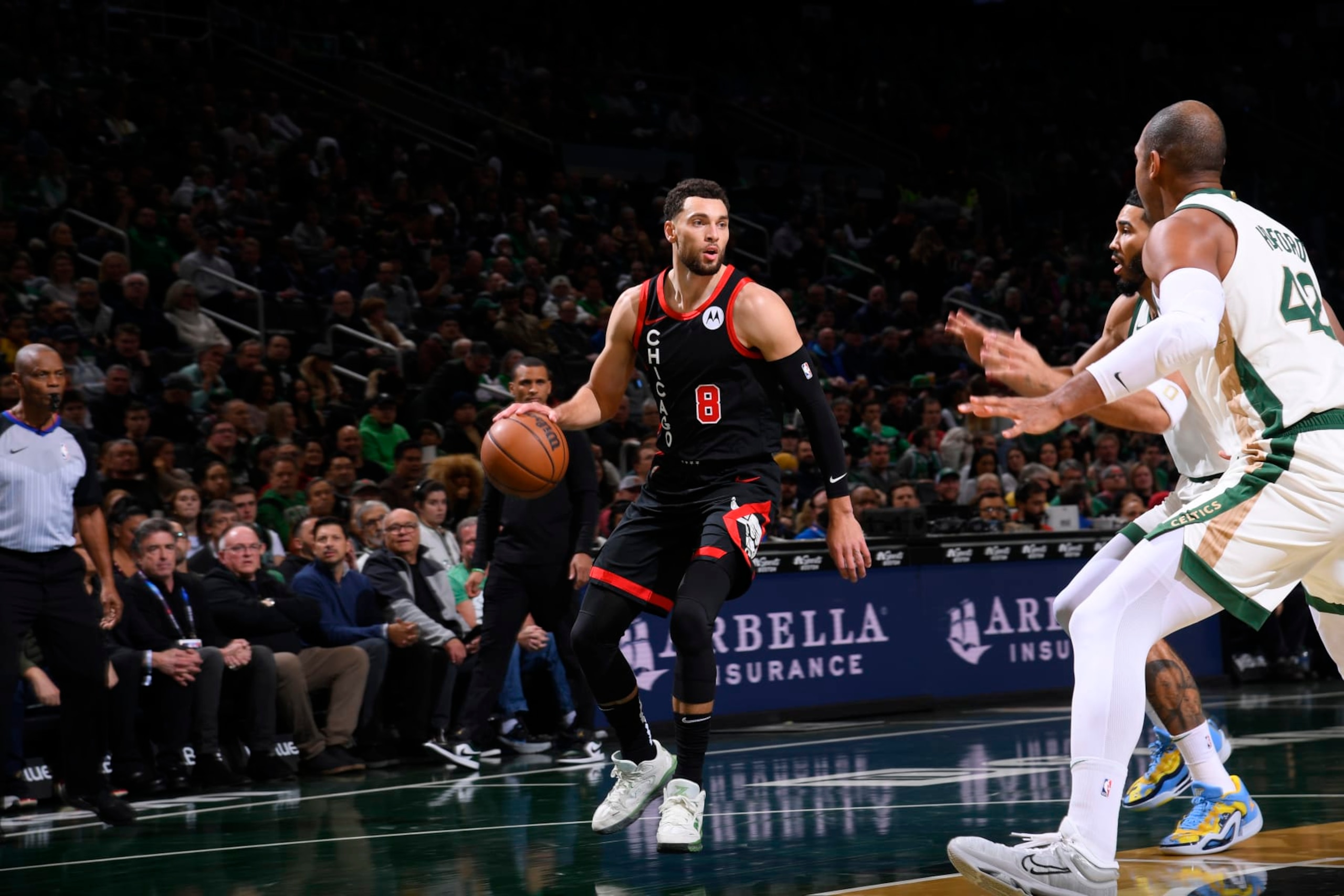 BOSTON, MA - NOVEMBER 28: Zach LaVine #8 of the Chicago Bulls dribbles the ball during the game against the Boston Celtics during the In-Season Tournament on November 28, 2023 at the TD Garden in Boston, Massachusetts. NOTE TO USER: User expressly acknowledges and agrees that, by downloading and or using this photograph, User is consenting to the terms and conditions of the Getty Images License Agreement. Mandatory Copyright Notice: Copyright 2023 NBAE  (Photo by Brian Babineau/NBAE via Getty Images)