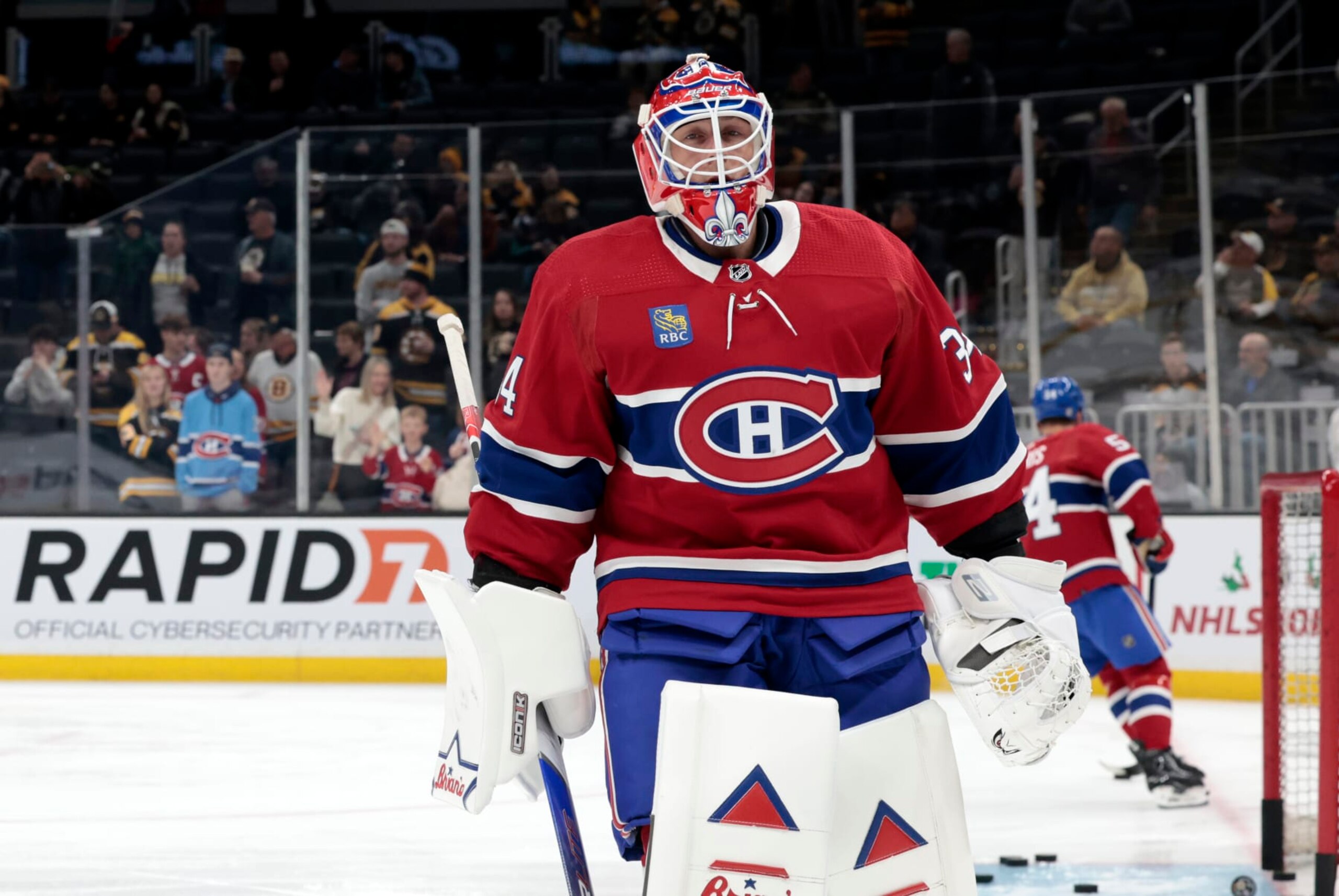 BOSTON, MA - NOVEMBER 18: Montreal Canadiens goalie Jake Allen (34) in warm up before a game between the Boston Bruins and the Montreal Canadiens on November 18, 2023, at TD Garden in Boston, Massachusetts. (Photo by Fred Kfoury III/Icon Sportswire via Getty Images) BOSTON, MA - NOVEMBER 18: Montreal Canadiens goalie Jake Allen (34) in warm up before a game between the Boston Bruins and the Montreal Canadiens on November 18, 2023, at TD Garden in Boston, Massachusetts. (Photo by Fred Kfoury III/Icon Sportswire via Getty Images)