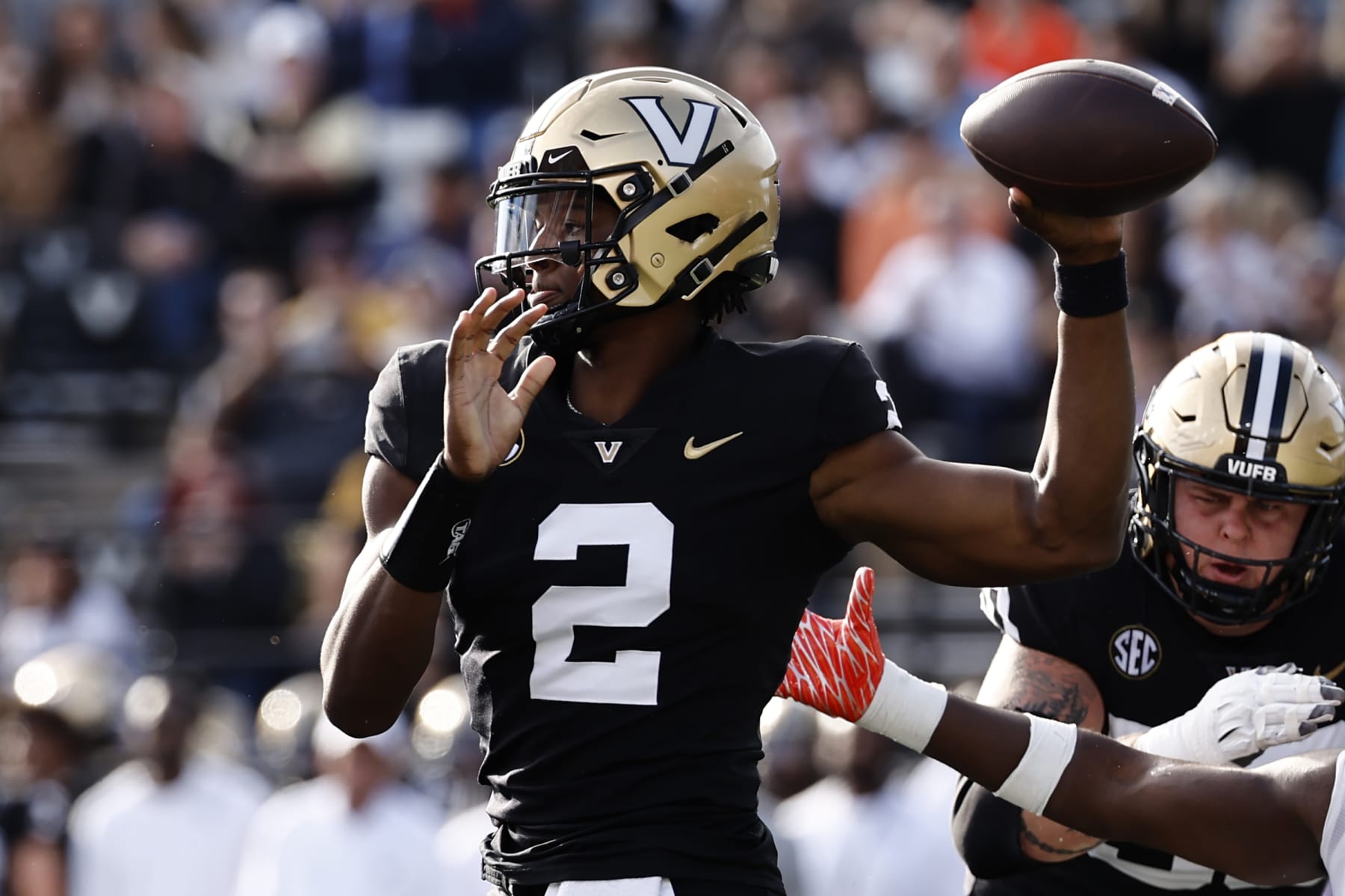 NASHVILLE, TENNESSEE - NOVEMBER 04: Walter Taylor #2 of the Vanderbilt Commodores drops back to throw a pass during the game against the Auburn Tigers at FirstBank Stadium on November 04, 2023 in Nashville, Tennessee. (Photo by Johnnie Izquierdo/Getty Images)